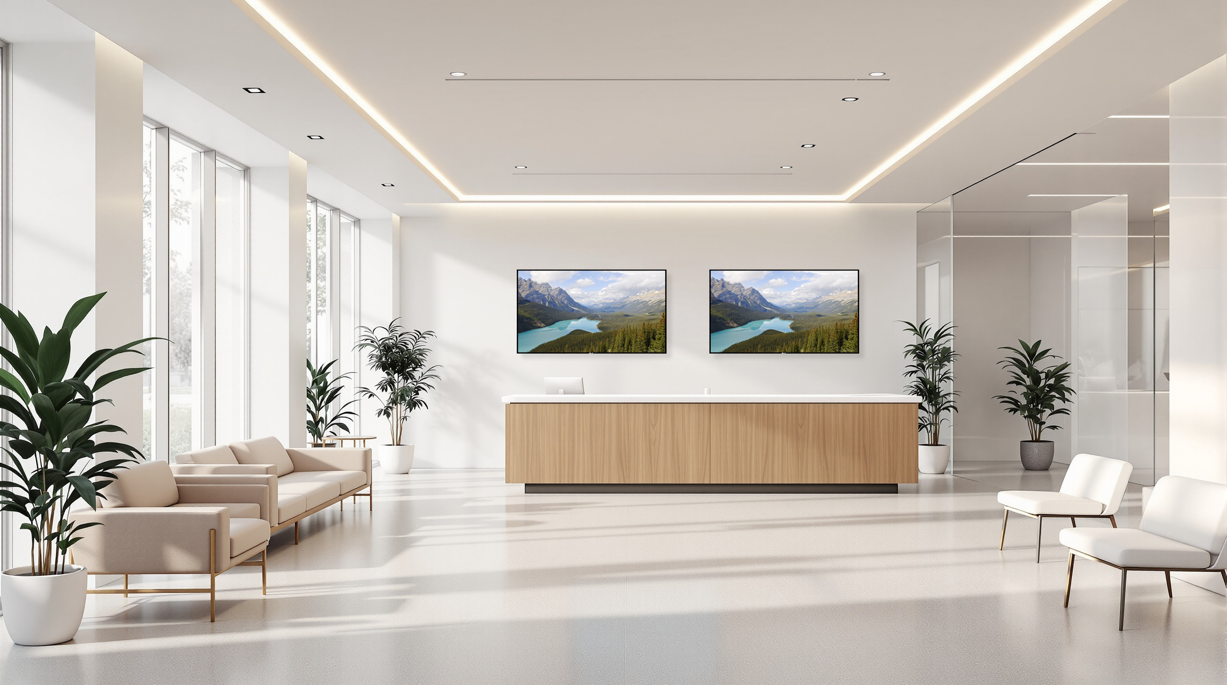 Modernes, helles Wartezimmer mit weißen Wänden und großen Fensterfronten, grünen Pflanzen, einem Empfangstresen aus Holz, zwei Wandbildschirme mit Berg- und Seelandschaft, weißen Sitzgelegenheiten und minimalistischer Beleuchtung.