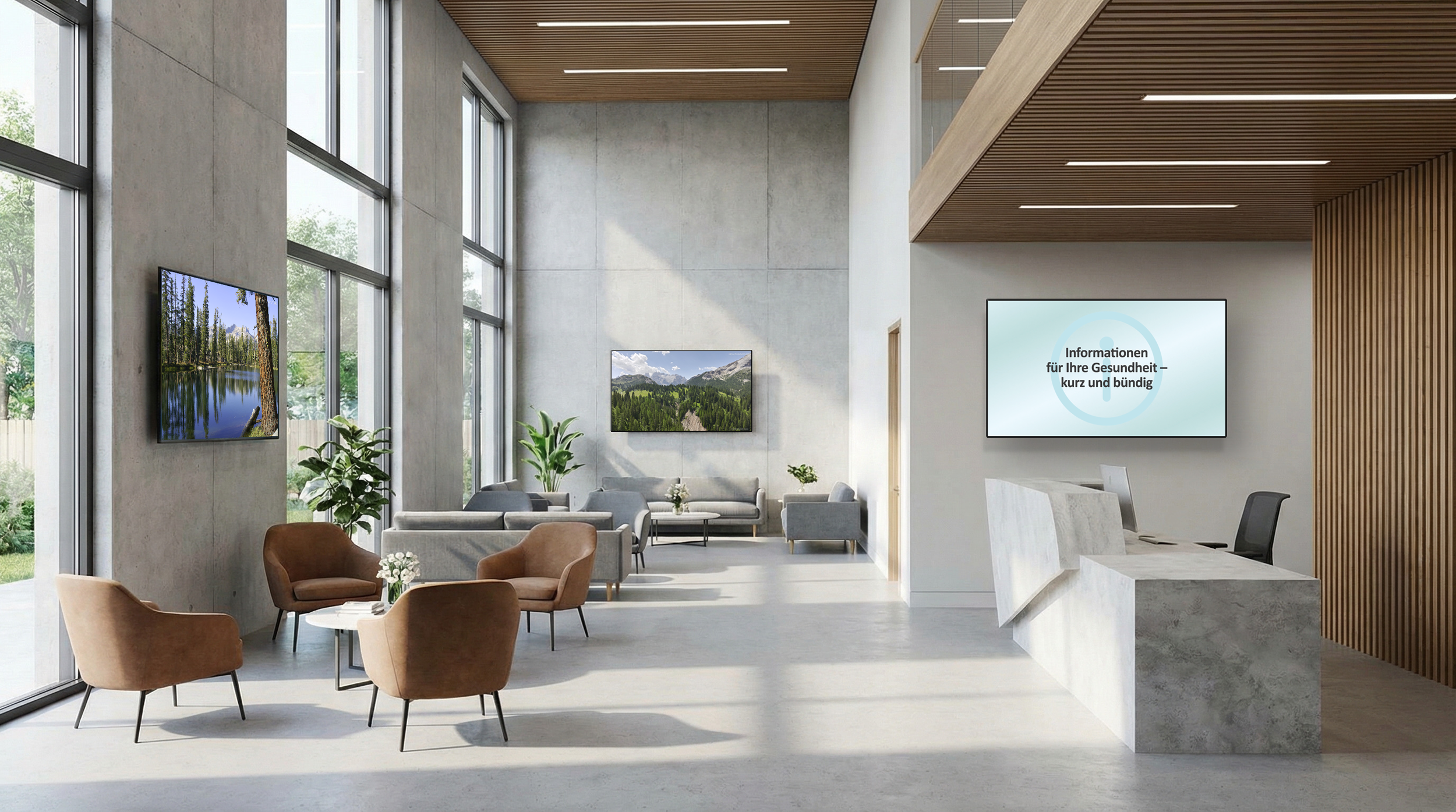 Moderne Lobby mit großen Fenstern, Sitzgelegenheiten in Braun und Grau, Pflanzen, Wandbild, Empfangstresen mit Computer, Bildschirm mit Gesundheitsinformationen.