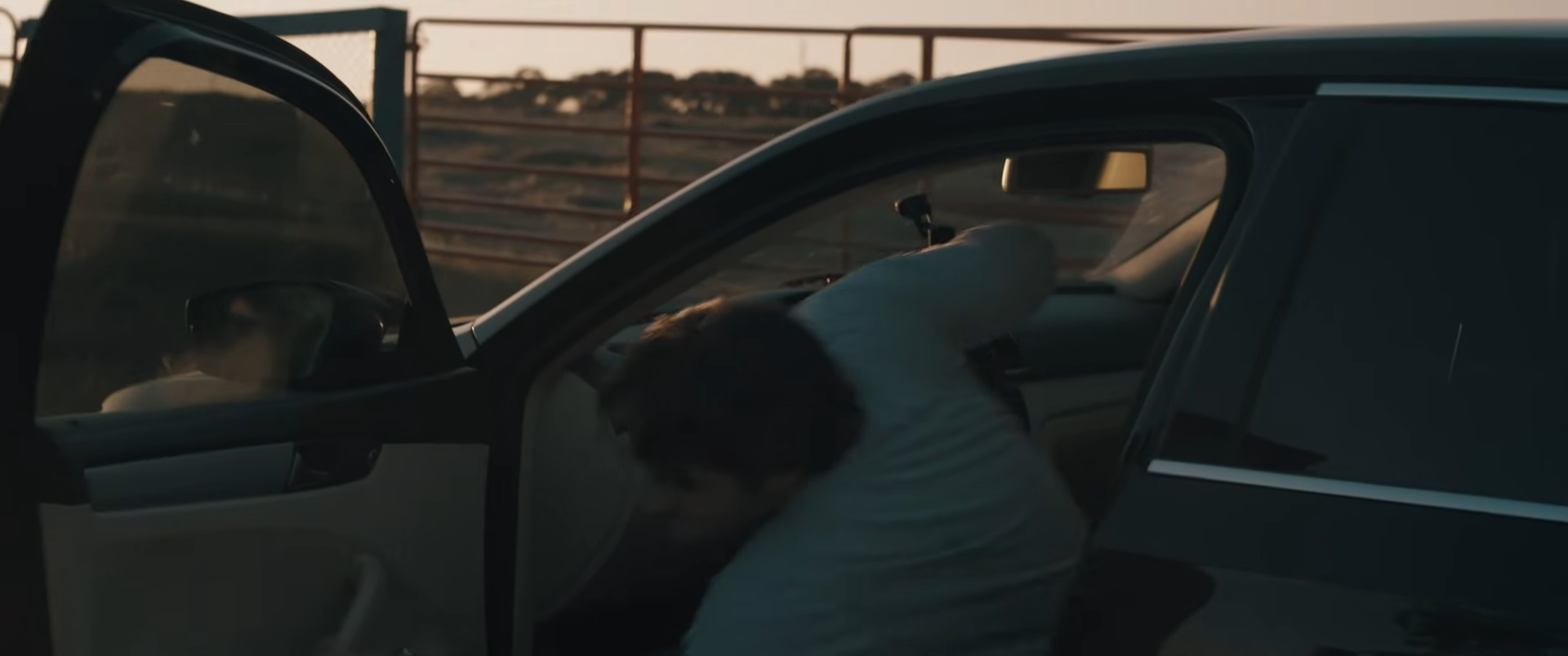 A person with long hair wearing a white shirt bending into the front passenger side of a car parked on a bridge during sunset