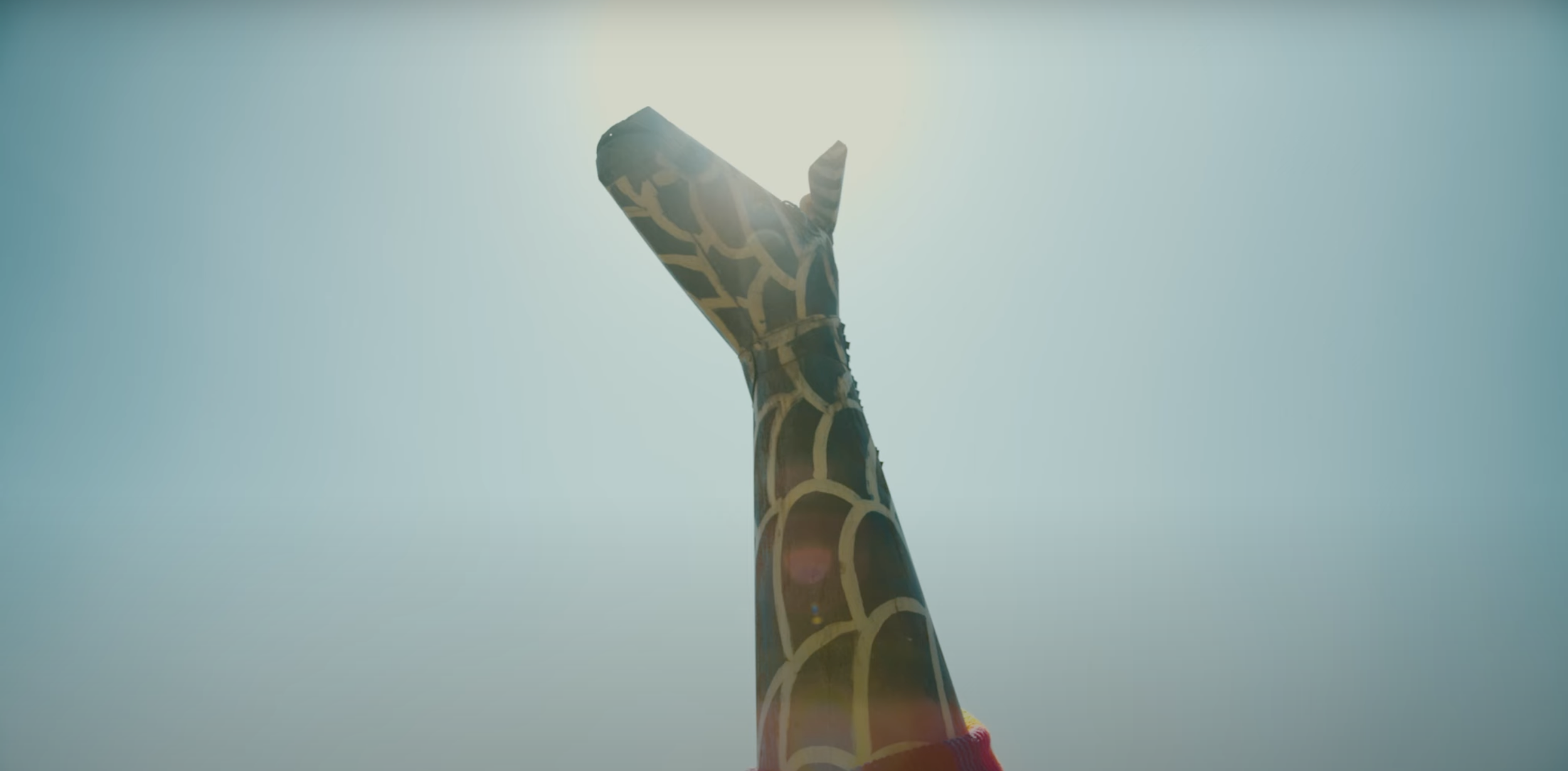 A person's arm with a giraffe print sleeve, raised toward the sky, with sunlight shining behind it.