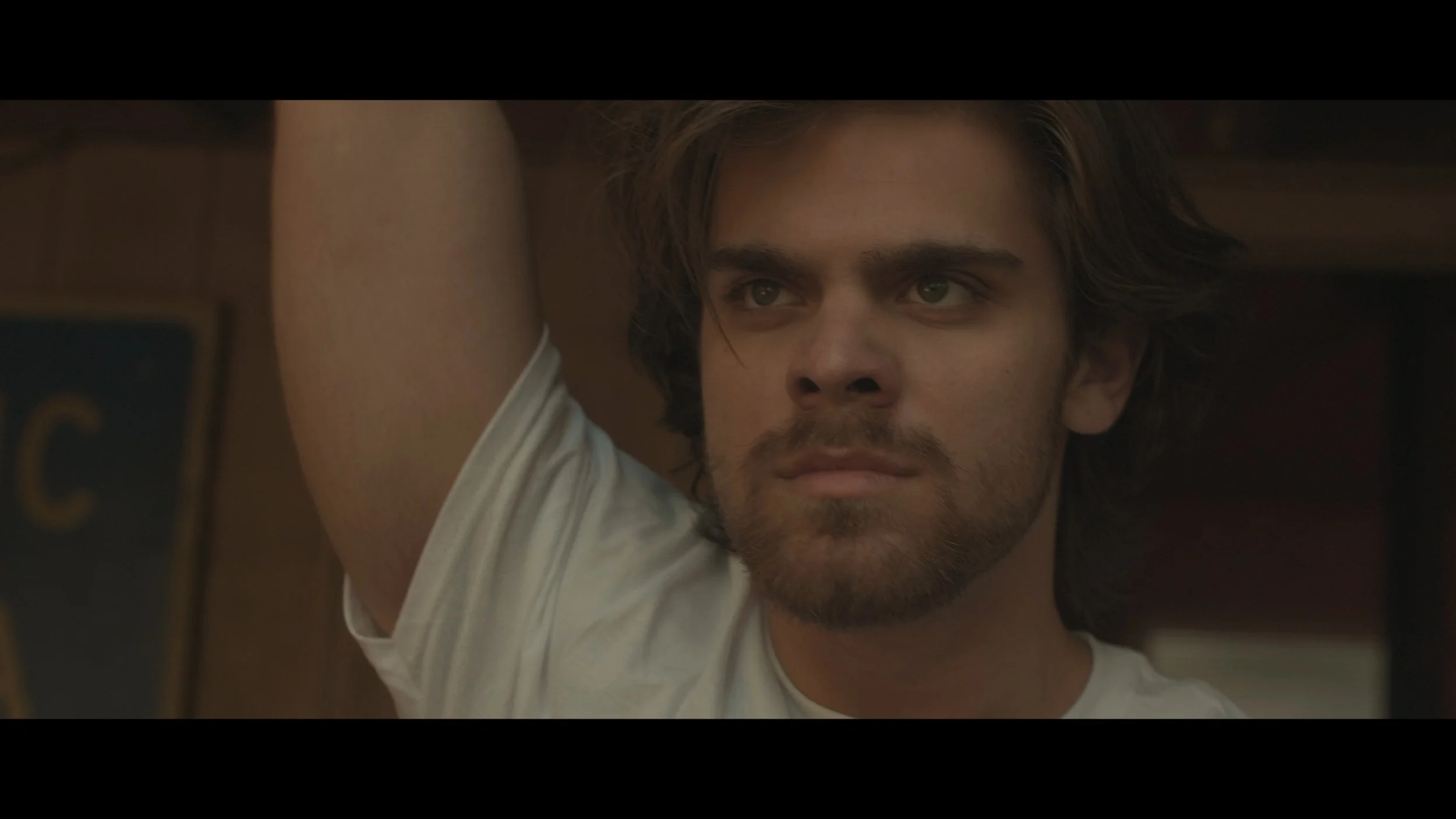 Close-up of a man with wavy brown hair and a beard, looking thoughtfully to the side, wearing a white t-shirt.