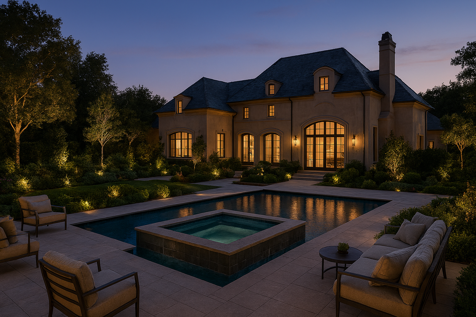 Residential estate in Charlotte with clean pool, spa and custom outdoor lighting