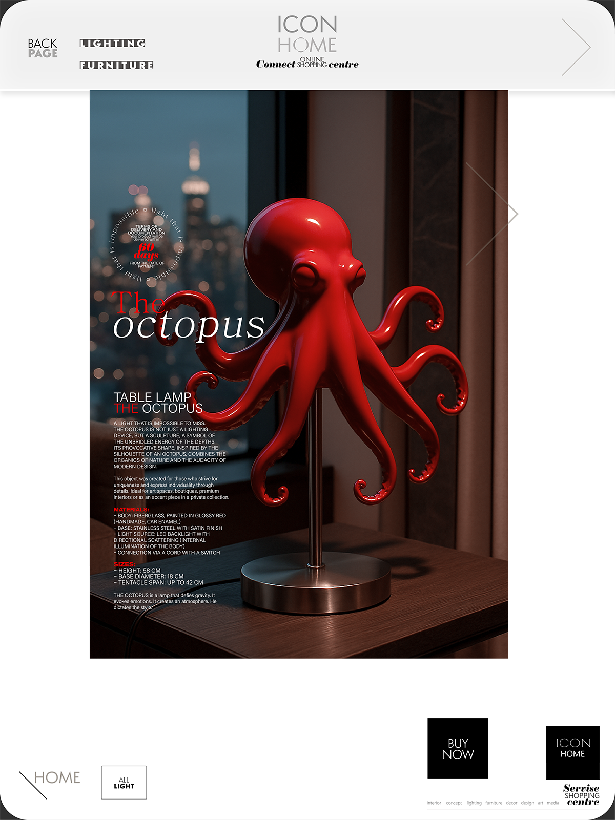 A red octopus-shaped table lamp with a glossy finish, displayed on a wooden table near a window with a city skyline in the background.