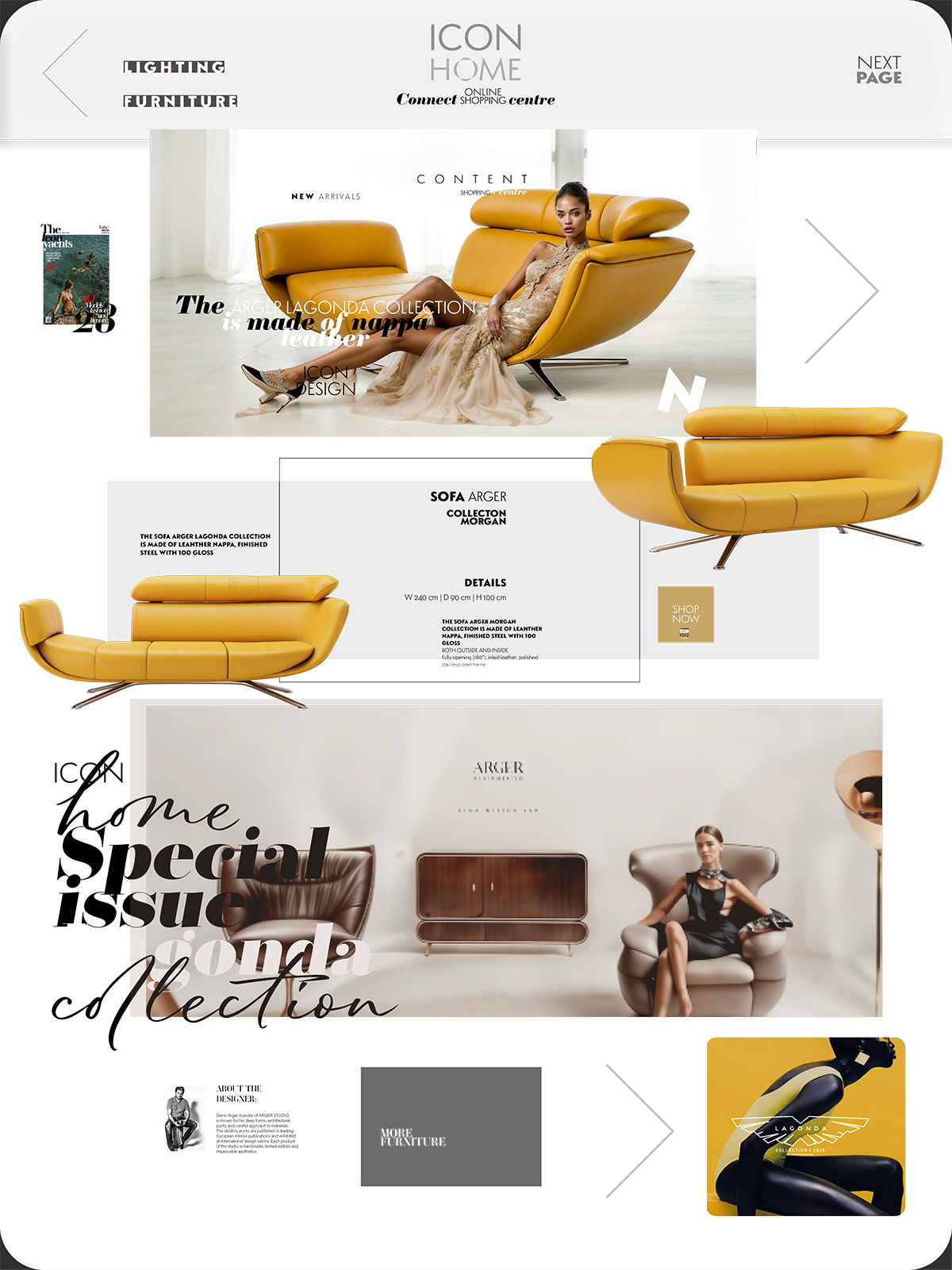 Webpage featuring modern furniture designs, including yellow and brown sofas and an elegant model in a beige dress, with text about furniture collections and design.