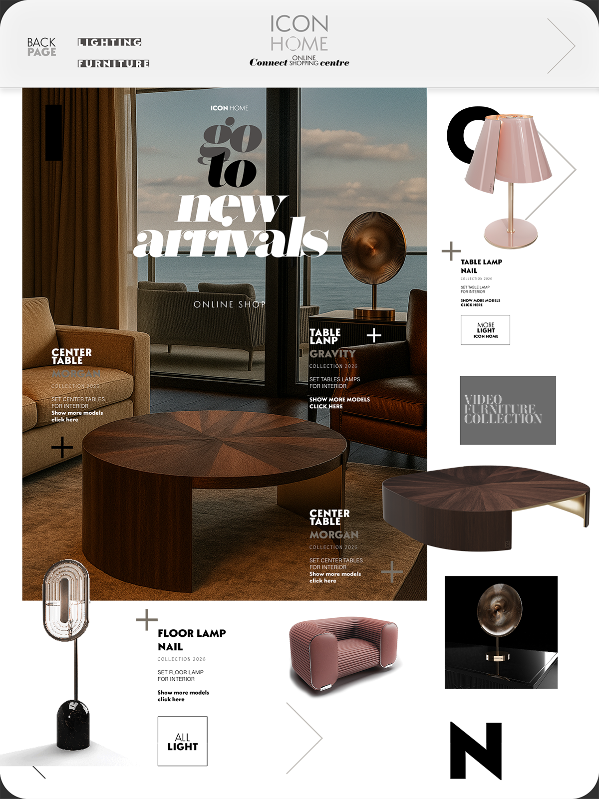A promotional graphic for ICON Home featuring modern furniture and decor items including tables, lamps, and an armchair in a stylish living room setting with large windows and a city view.