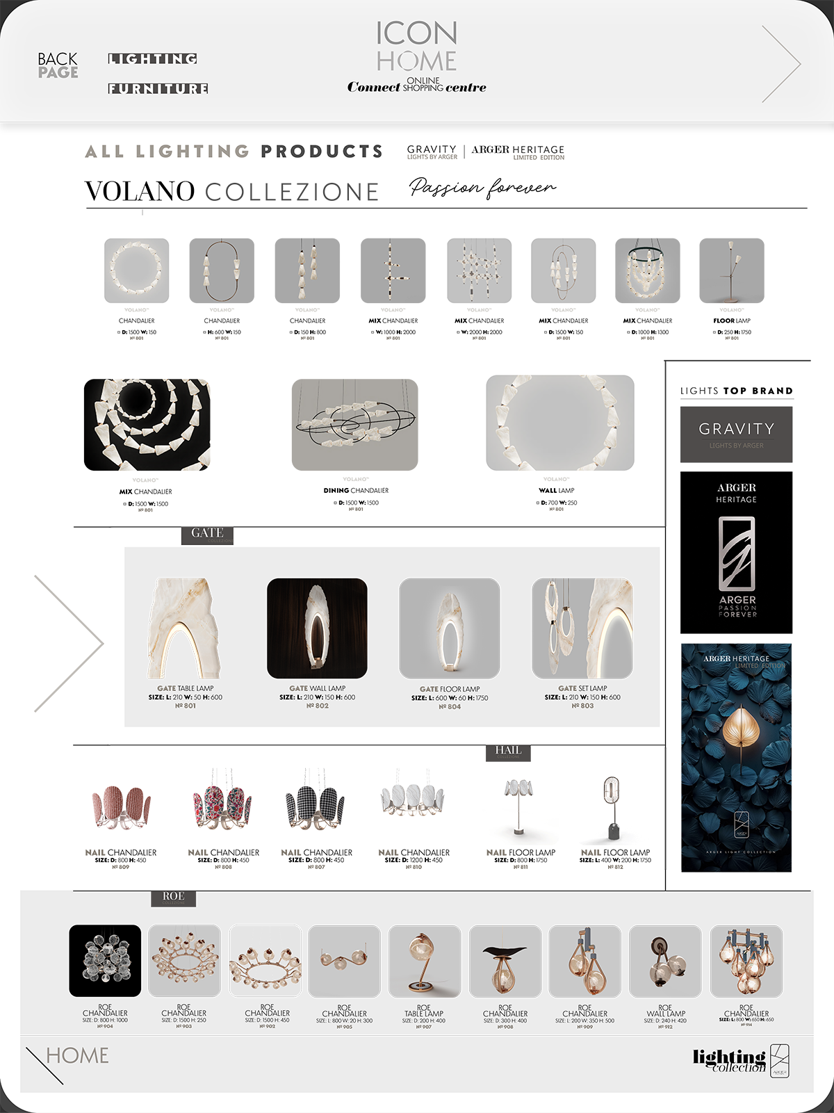 A catalog page showing various lighting fixtures and home decor items, including chandeliers, wall lamps, floor lamps, and hanging lights, organized in sections with labels and product details.