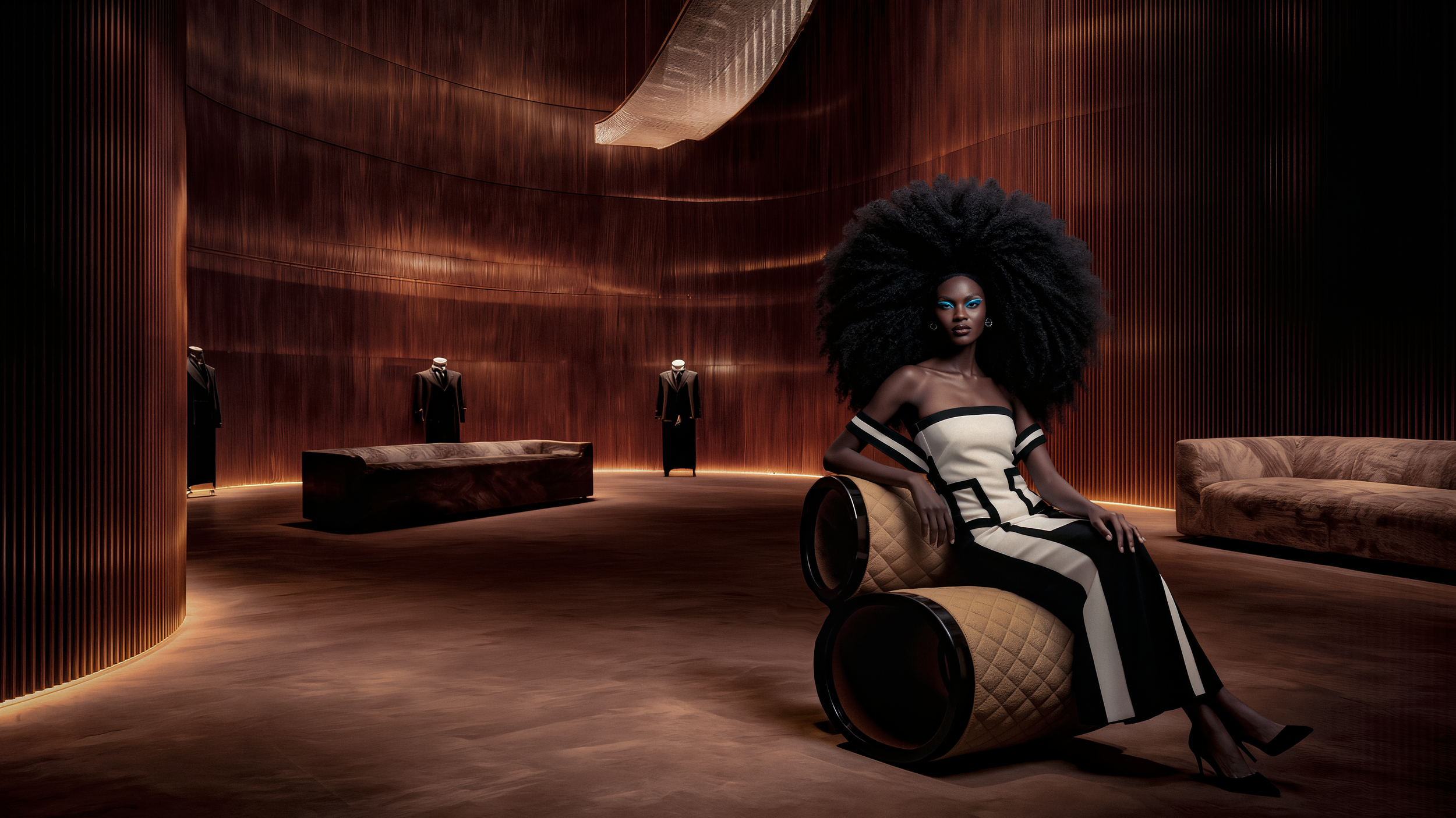 A woman with large curly hair, wearing a black and white off-shoulder dress, sitting on a modern quilted chair in a high-end clothing store or showroom with mannequins in the background and warm wood-paneled walls.