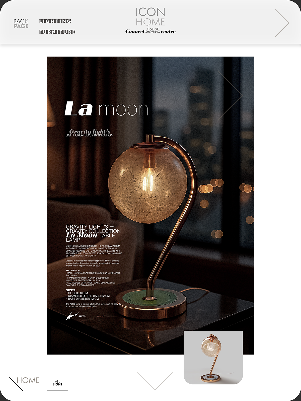 A modern table lamp with a spherical glass shade and a curved metallic stand, placed on a black marble table in a dimly lit room with city lights visible through the windows.