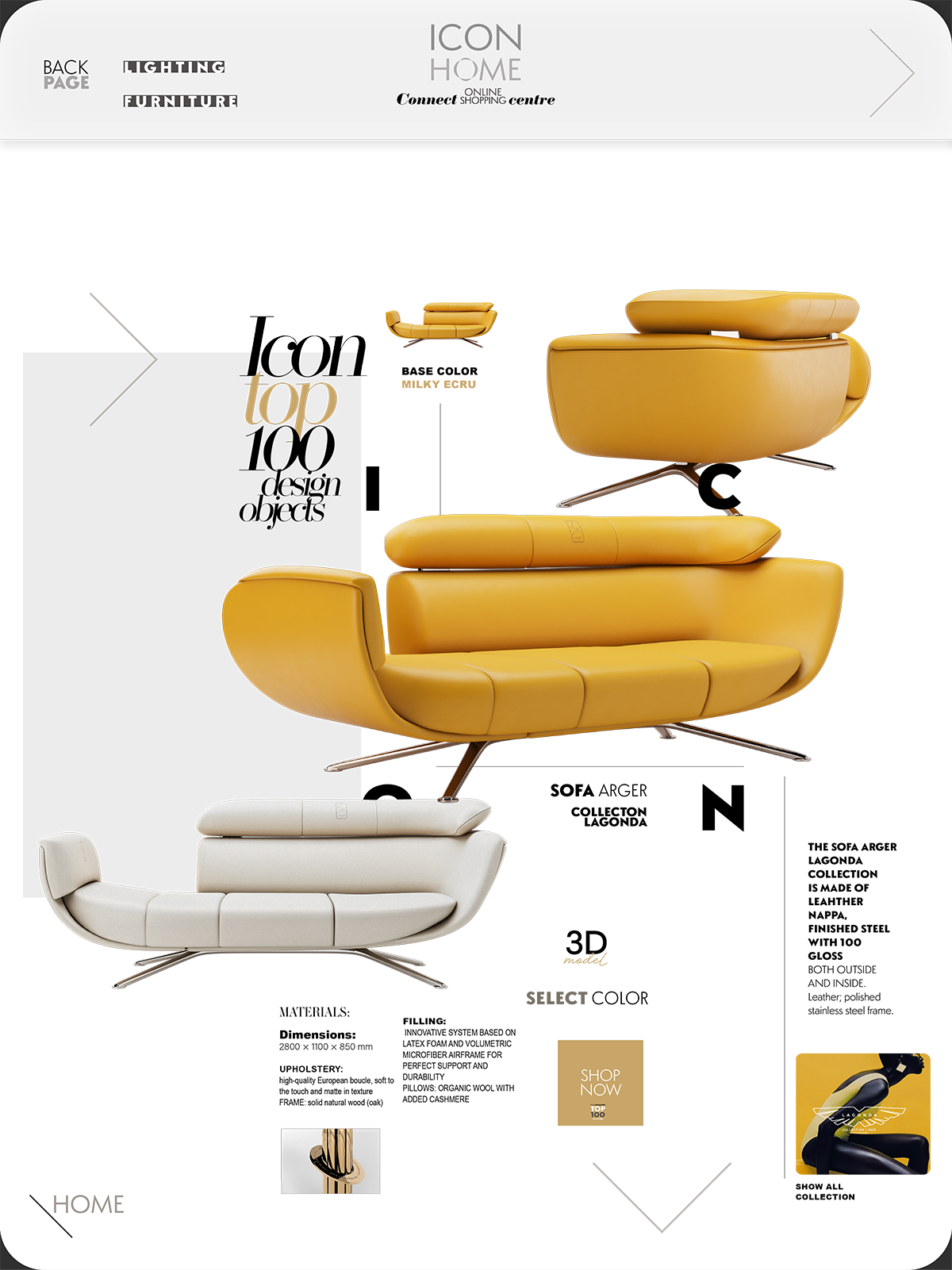 Display of three modern, mustard yellow, white, and beige lounge chairs with metal bases, arranged in a staggered formation, against a black background with text and design elements.