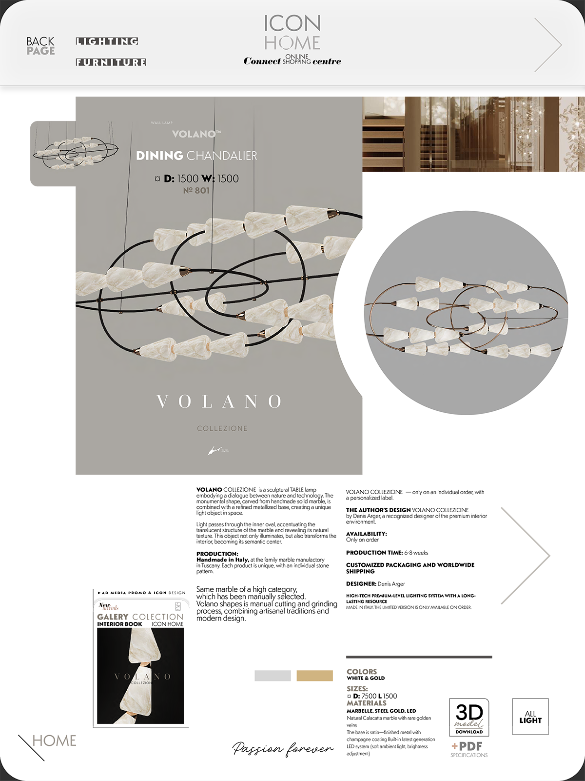 Advertisement for a modern chandelier named Volano, featuring a design with multiple white cone-shaped glass fixtures on black and copper-colored metal rings.