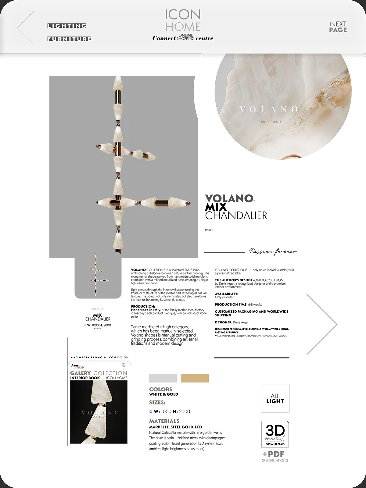 An online shopping webpage for ICON HOME featuring a chandelier made of white cone-shaped elements and an ad for a VOLANO collection with a marble design.