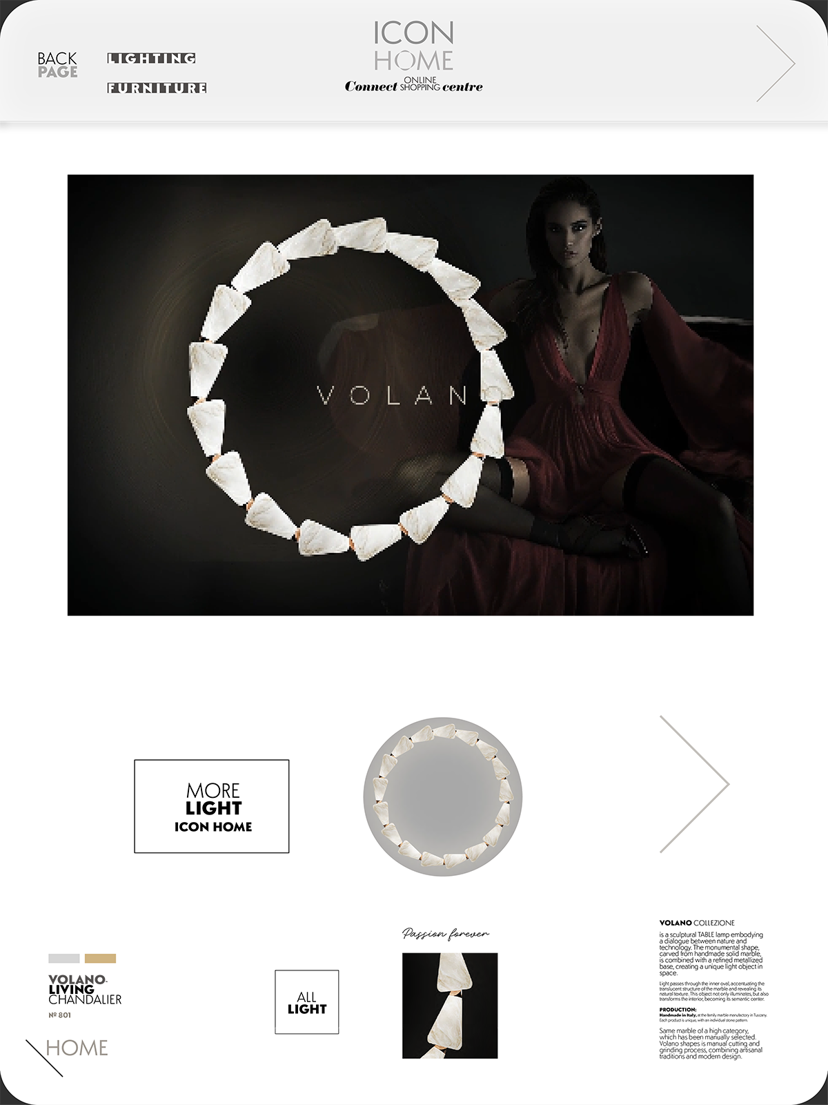 A dark-themed online shopping website homepage for a jewelry brand called 'VOILAN'. It features a woman in a red dress sitting with a circular jewelry piece made of white stones, indicating a ring or necklace. The background is black with the brand n