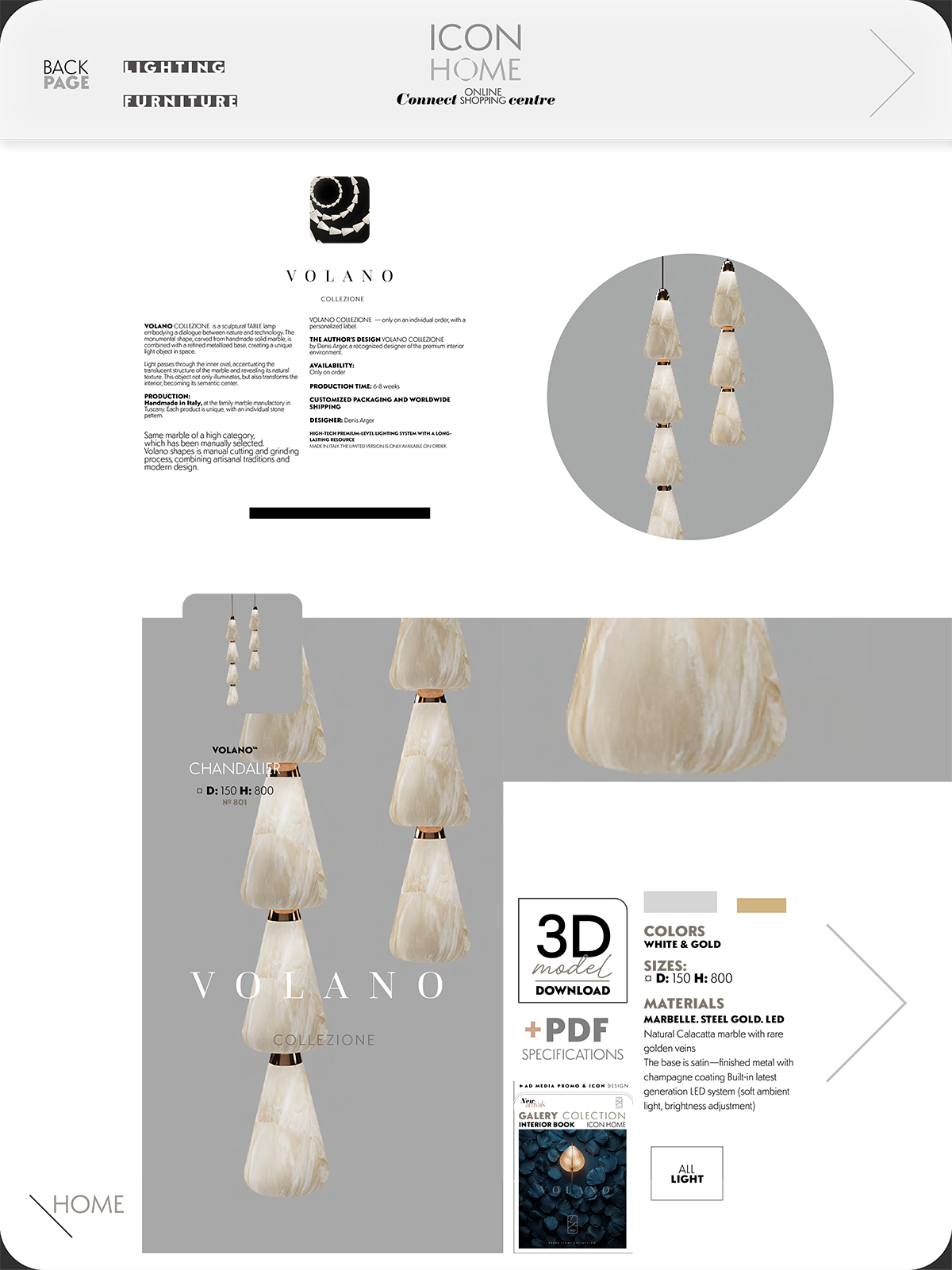 Design catalog page featuring a chandelier with multiple hanging cream-colored shades, a close-up of the chandelier, and a color palette with beige, gray, and black tones, highlighting the Volano chandelier collection.