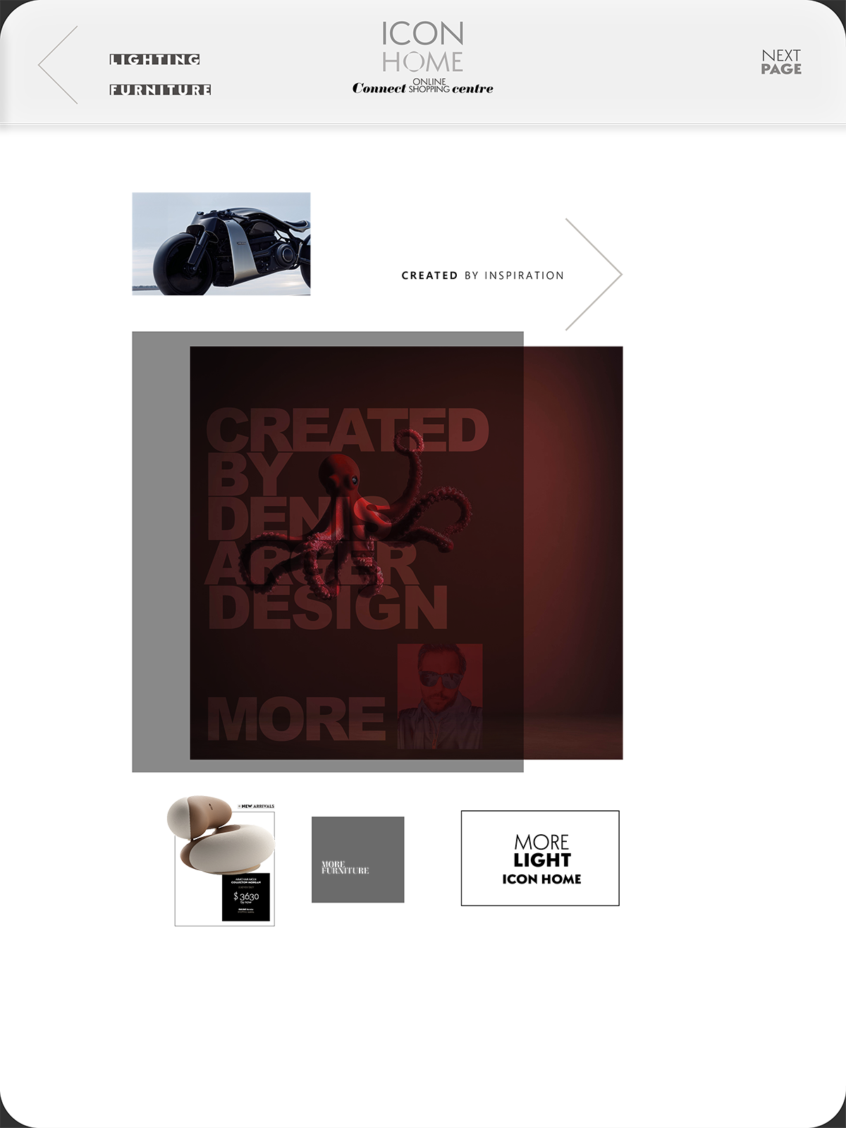 A web page advertisement featuring modern furniture and accessories, including a unique beige chair with a circular design, a black futuristic motorcycle, and a display with a red octopus sculpture and a person's photo. Text indicates the items are c