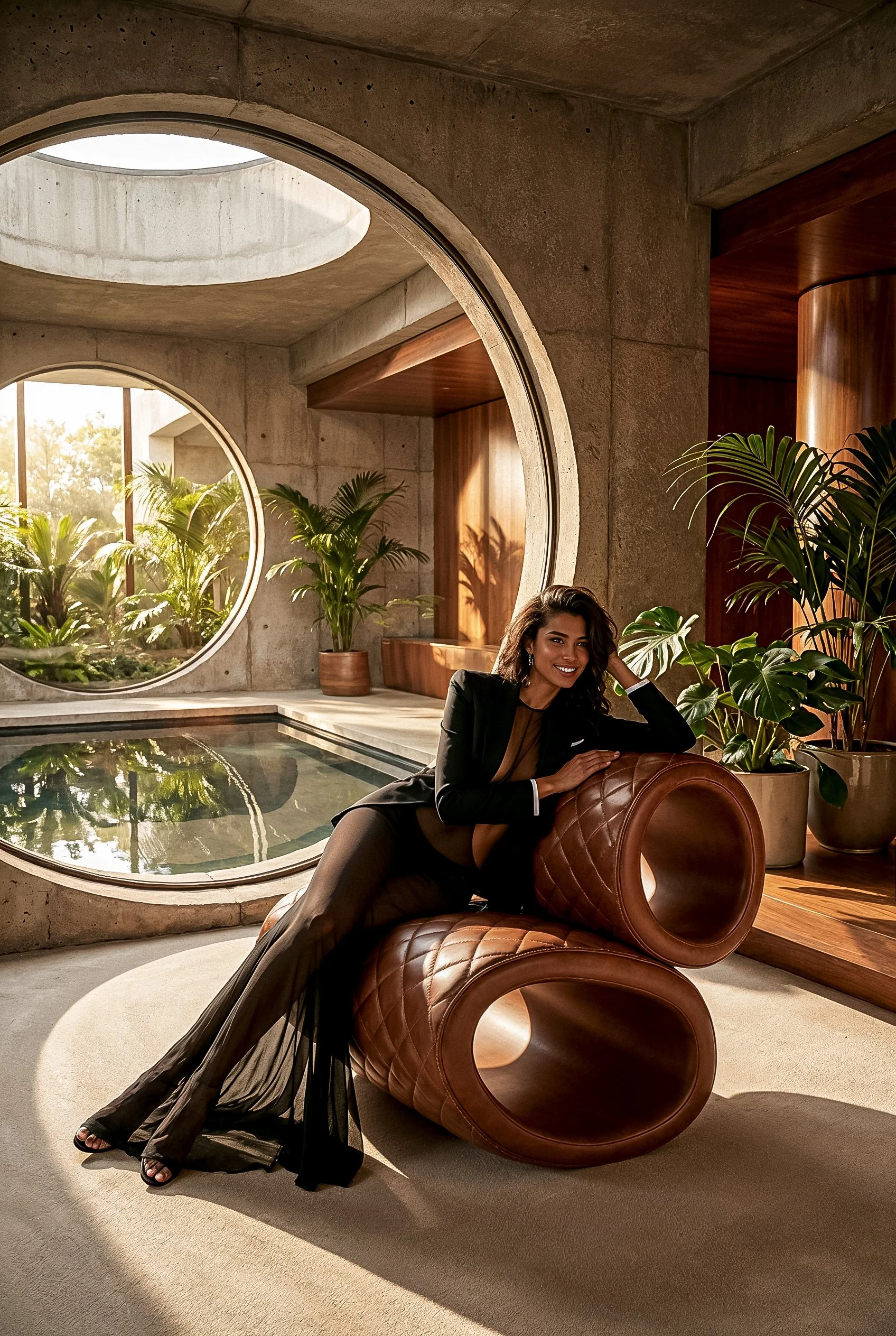 A woman in black sheer outfit lounging on a modern, curved leather furniture piece in a sunlit indoor space with large circular windows, potted plants, and a small indoor pool.