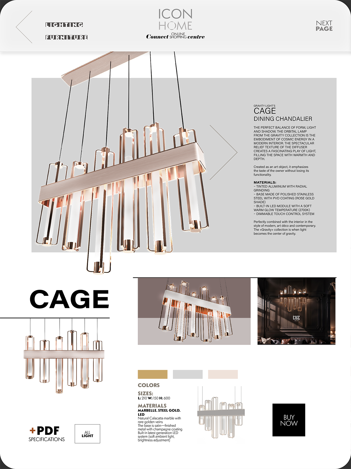 A modern chandelier with elongated metallic and glass elements, displayed within a home decor advertisement webpage.
