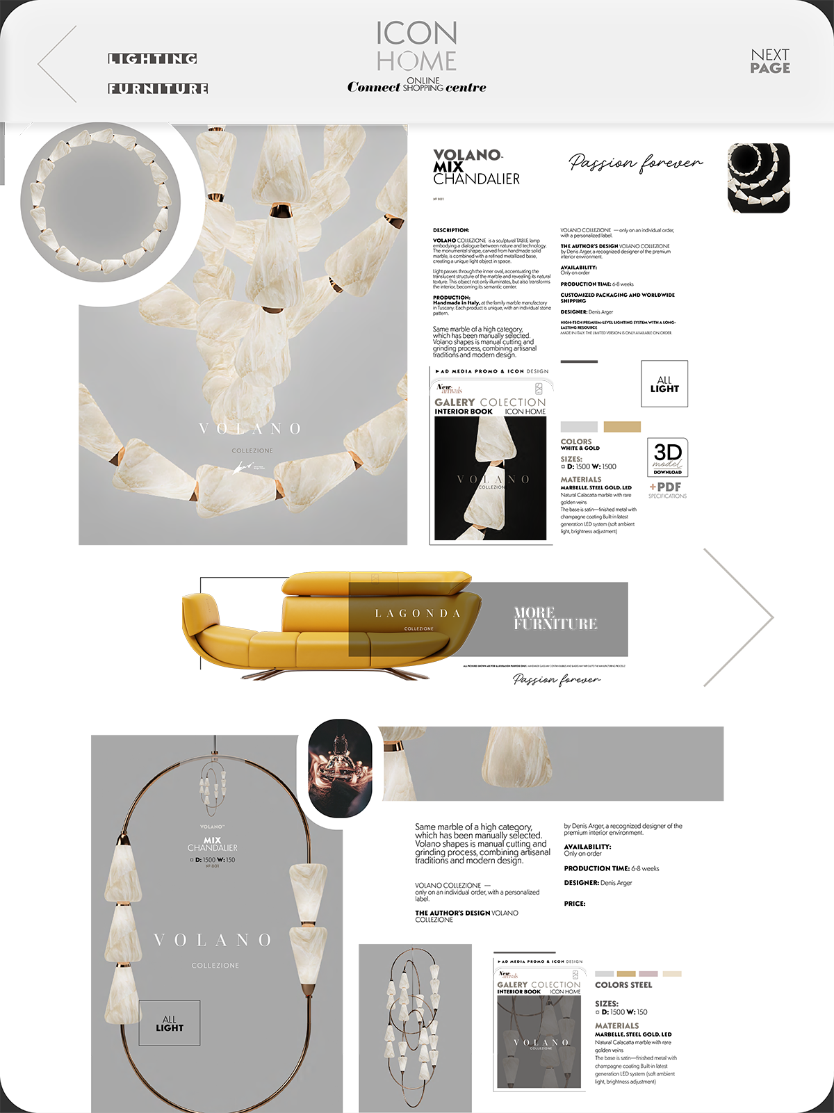 A furniture and lighting catalog page featuring a string of white twisted light fixtures, a yellow leather sofa, and various lighting fixtures including a chandelier and a pendant light, with text advertising the Volano collection.