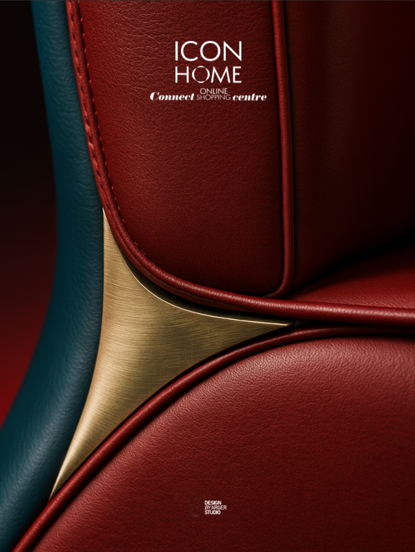 Close-up of a modern, colorful chair with red, blue, and gold leather and fabric, showcasing detailed stitching and design.