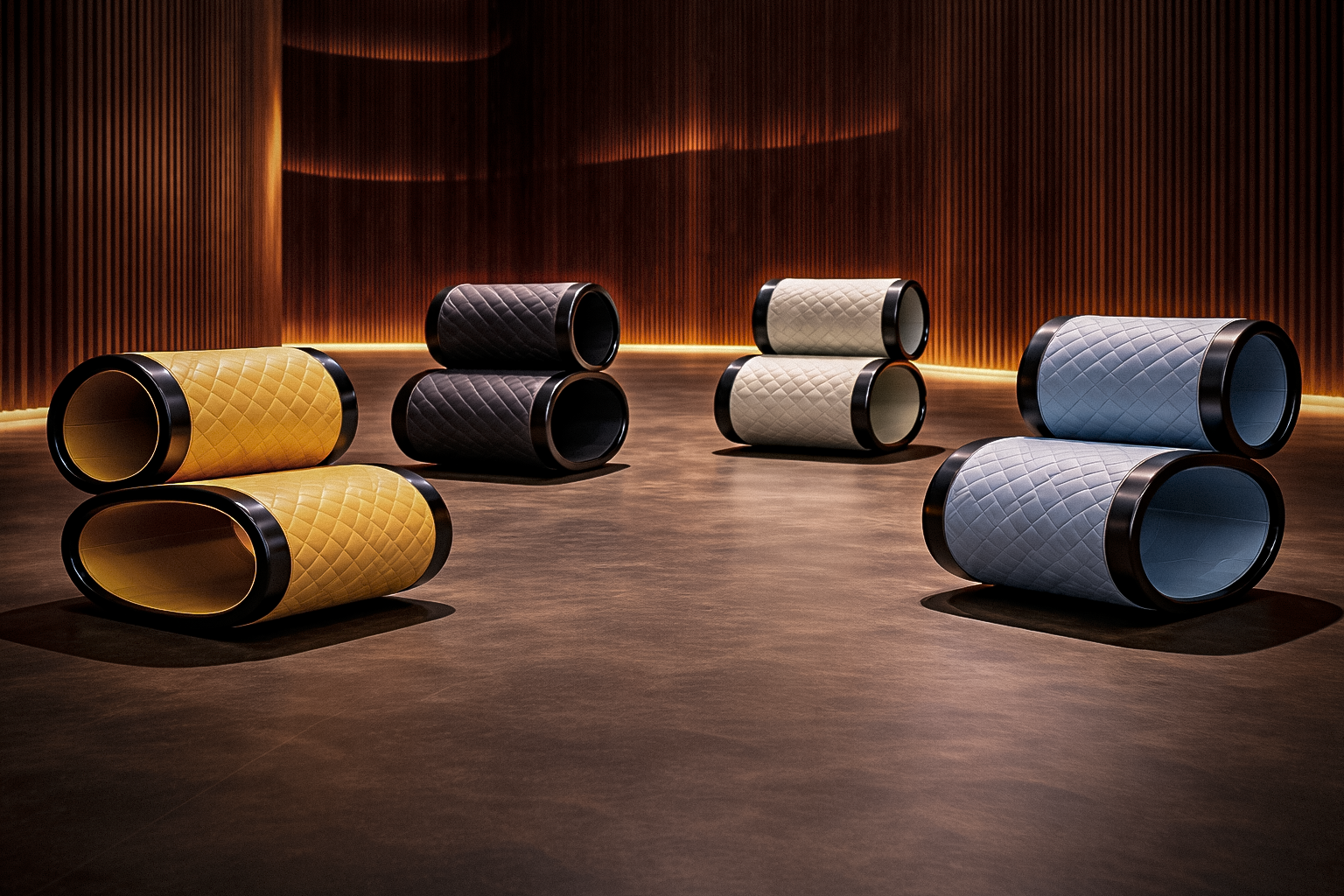 Colorful, quilted tubes arranged on the floor in an indoor setting with dim lighting and wooden wall background.