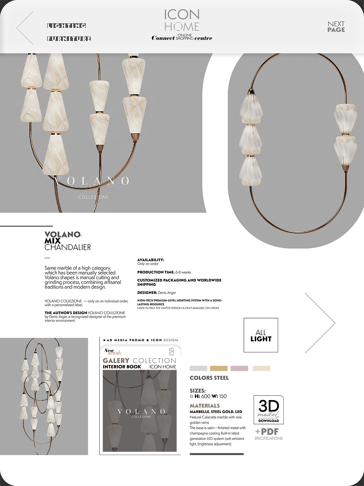 Online furniture store website homepage featuring lighting fixtures, including a chandelier and a circular pendant light with white shades.