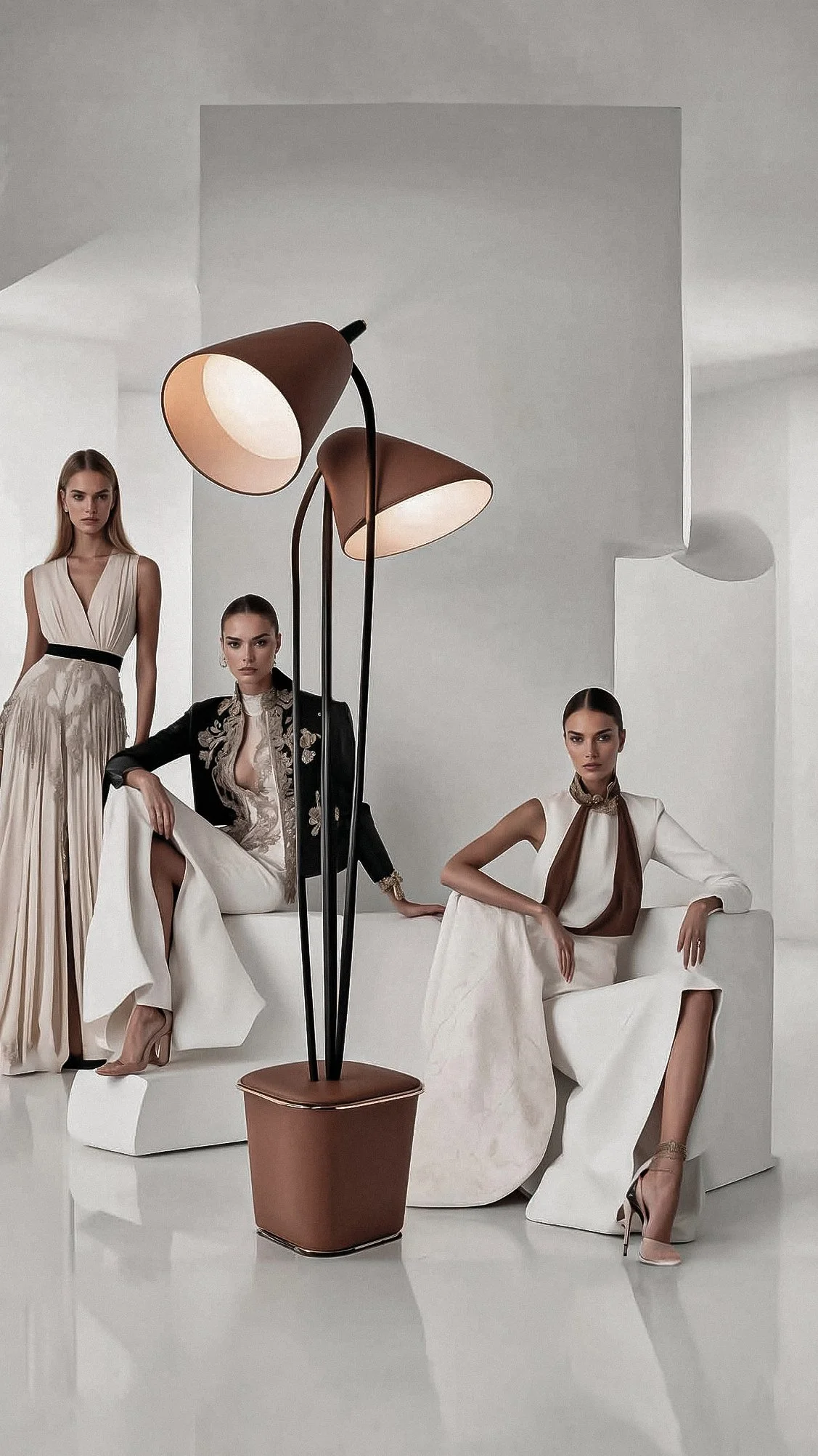 Three women in elegant dresses are posing in a minimalist, modern room with white furniture. A large brown floor lamp with two shades is in the foreground.