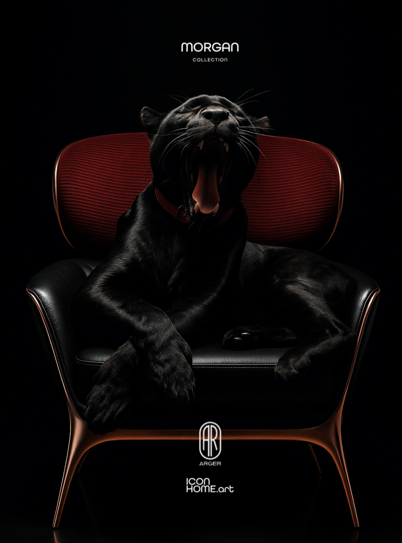 A black panther lounging on a modern black and red chair in a dark setting, with the text "Morgan Collection" at the top and "Arger" and "icon HOME.art" at the bottom.