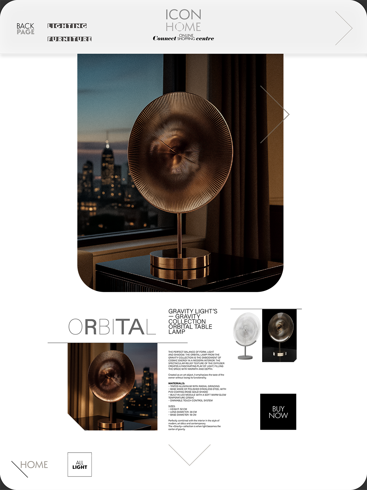 A website showcasing a modern table lamp with a metallic, spiral-shaped shade, placed on a black table in front of a window with city skyline view at sunset or dusk.