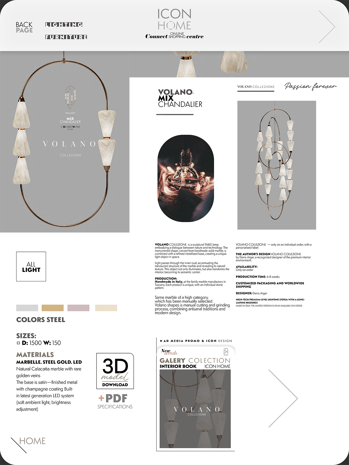Design of a home decor catalog page featuring modern chandelier lighting fixtures, with text and images of lighting products on a gray background.
