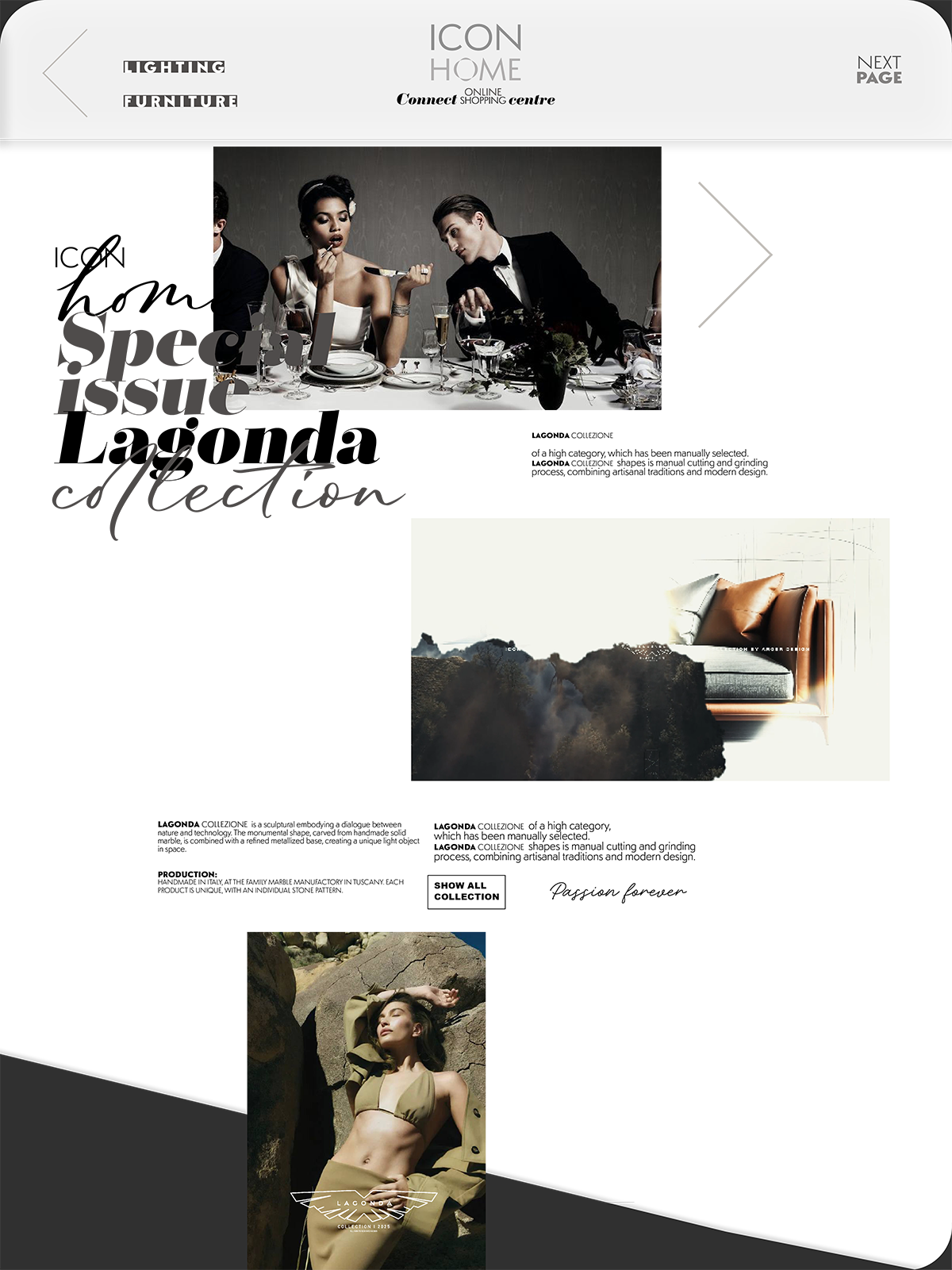 A website layout with three sections: the top shows a group of people at a fancy dinner, the middle features a modern couch and a mountain landscape, and the bottom depicts a woman lying on rocks in a swimsuit with the logo "Lagom".