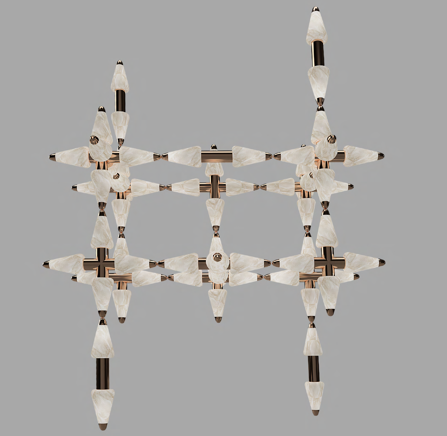 A modern chandelier with multiple interconnected rods and cone-shaped white acrylic shades against a gray background.