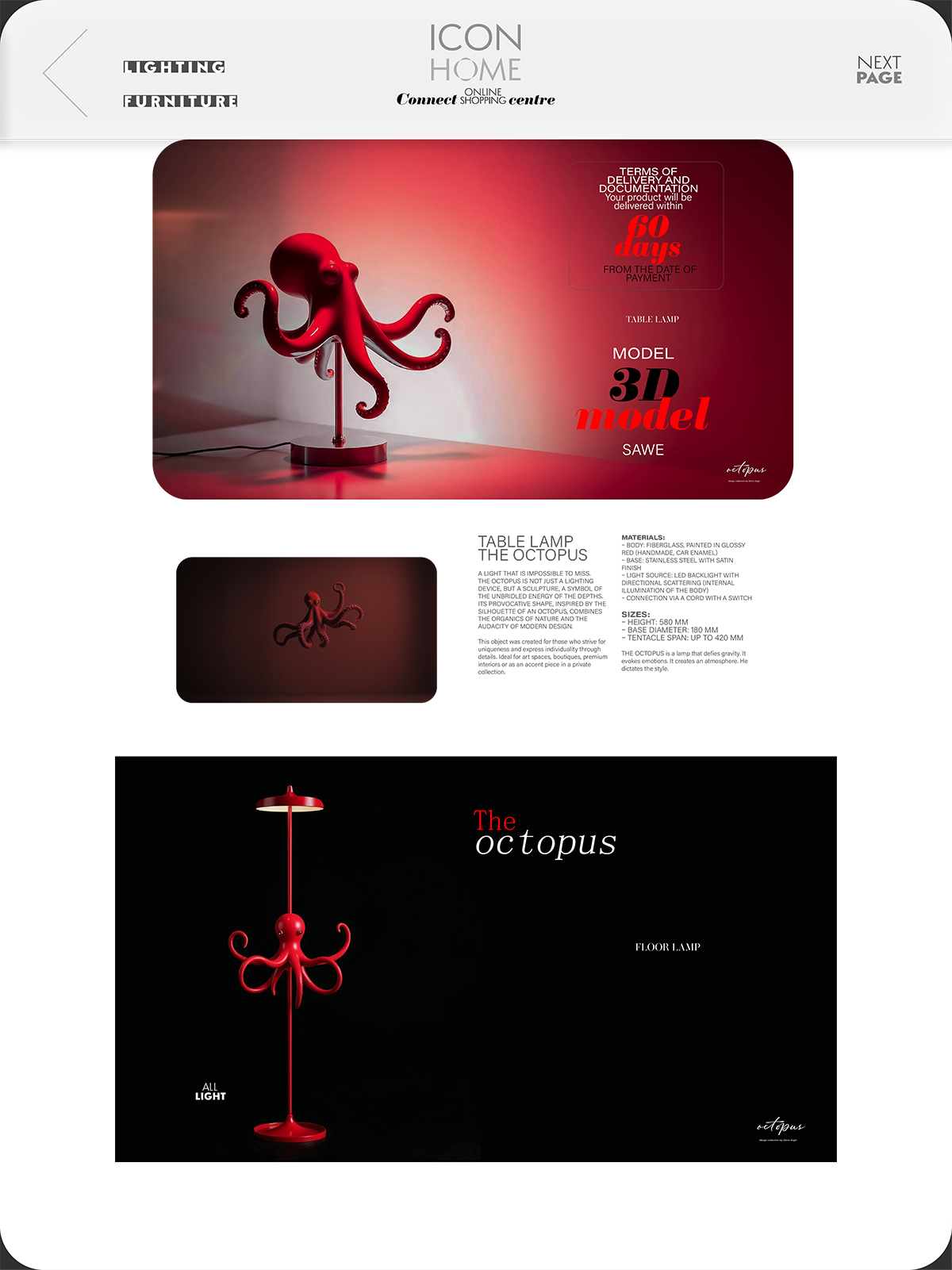 Images of red octopus-shaped lamps with modern design, used as table and floor lamps, featured on a black background and promotional webpage.
