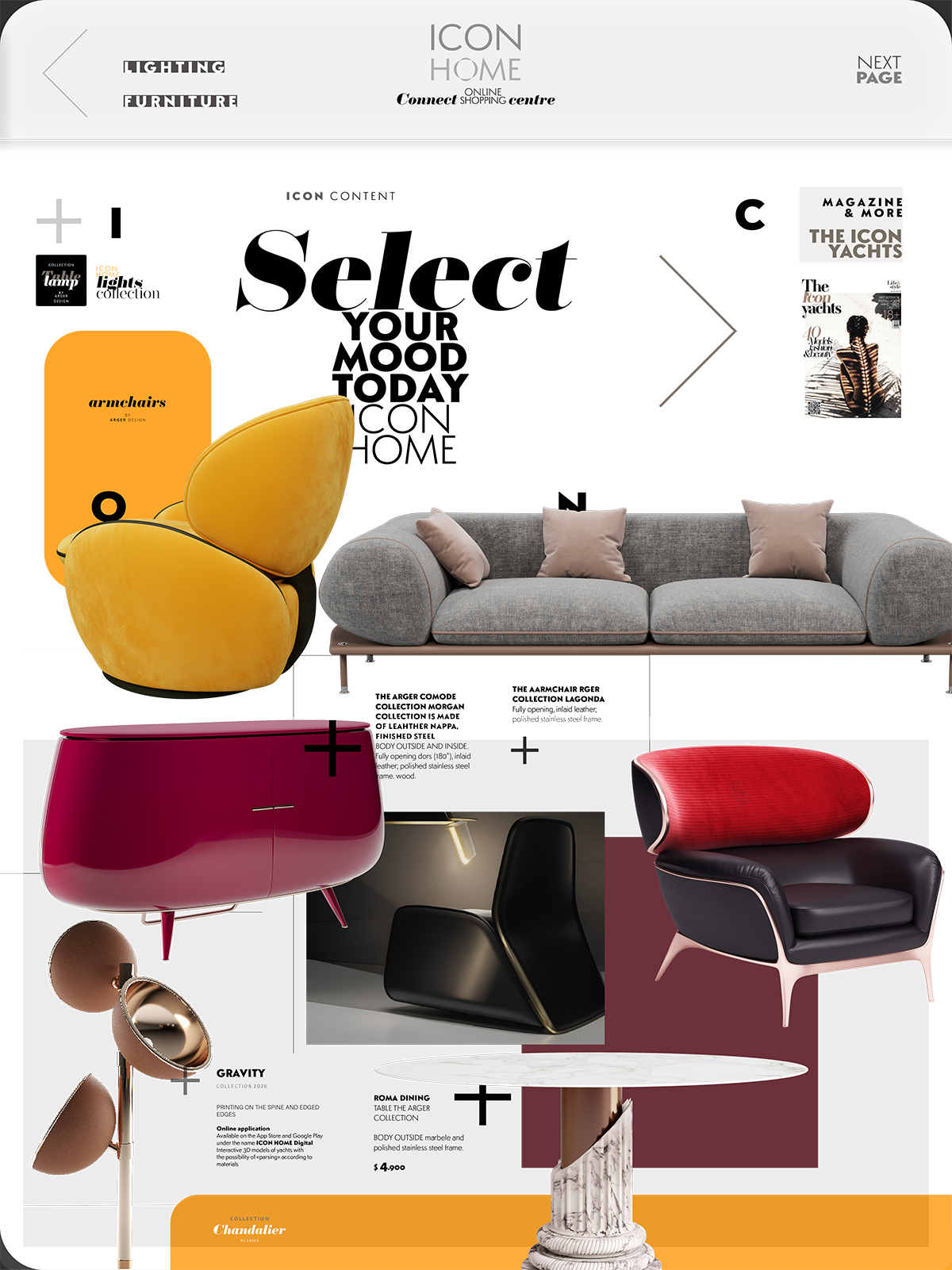 Furniture collection catalog page featuring a variety of modern chairs and a sofa, along with magazine cover and decorative elements.
