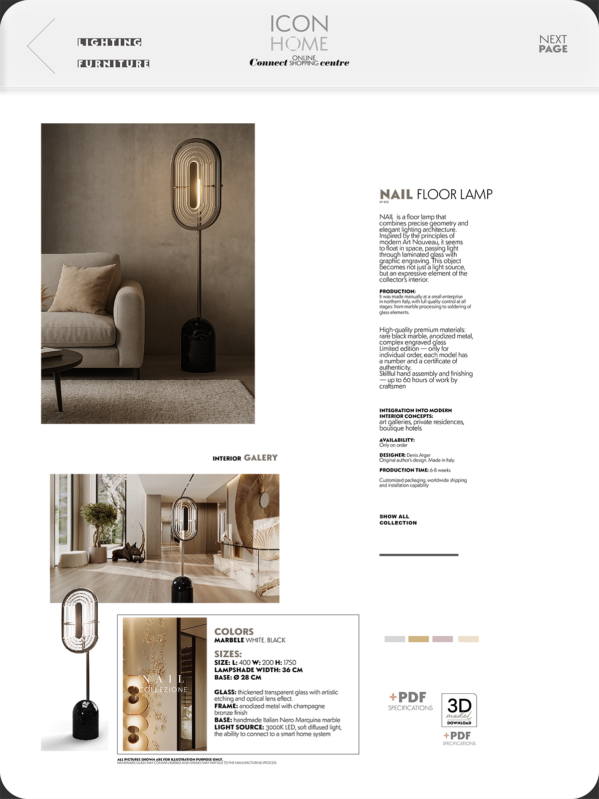 Modern living room with beige sofa, positioned beside a unique tall floor lamp with an oval-shaped light fixture, against a plain wall.