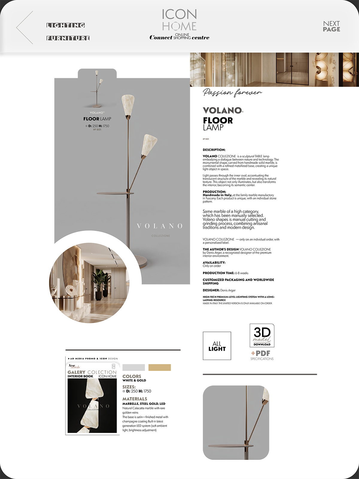 A furniture catalog page showing a modern floor lamp with two cone-shaped shades, labeled 'Volano'. The background features a minimalist interior with wooden accents and potted plants.