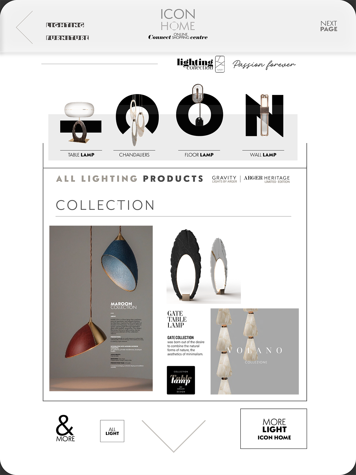 A catalog page featuring various modern lighting fixtures including table, wall, floor lamps, and chandeliers, with some decorative hanging lamps from a collection called Maroon and Volano.