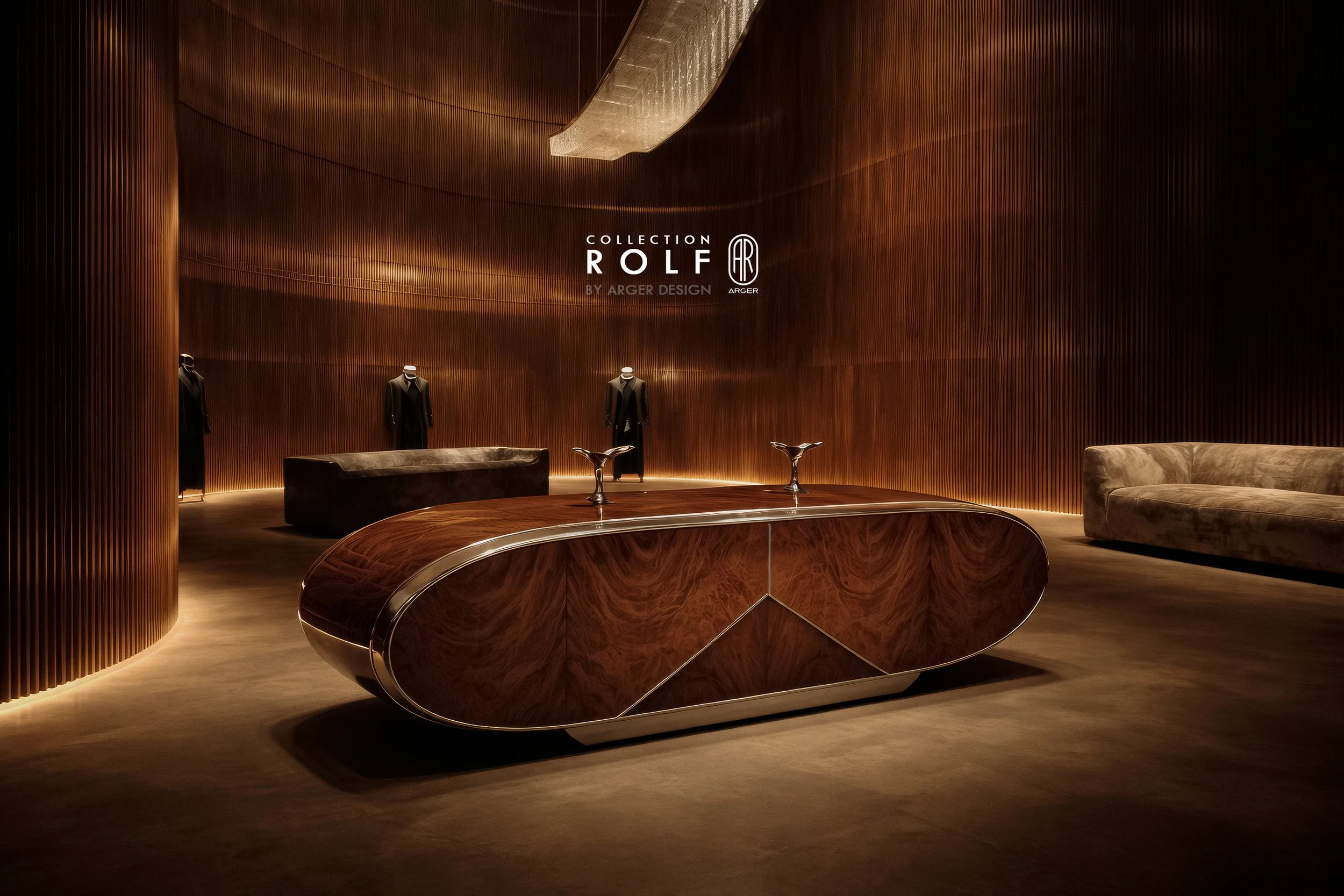 Luxurious modern interior with wooden paneled walls, a polished wooden display counter, three mannequins dressed in black suits, a beige sofa, and a velvet bench, illuminated with warm lighting. Text on the wall reads "Collection ROLF by Arger Design."
