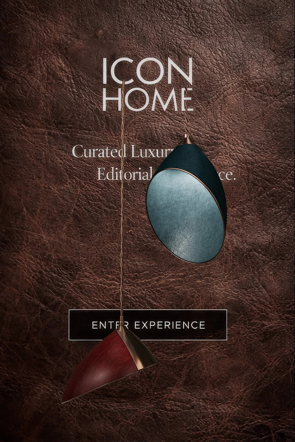 Two modern, pendant lamps, one with a dark exterior and gold interior, and the other with a teal exterior and interior, hanging in front of a textured brown wall with white text reading 'ICON HOME' and 'Curated Luxury Editorial Experience'. A black s