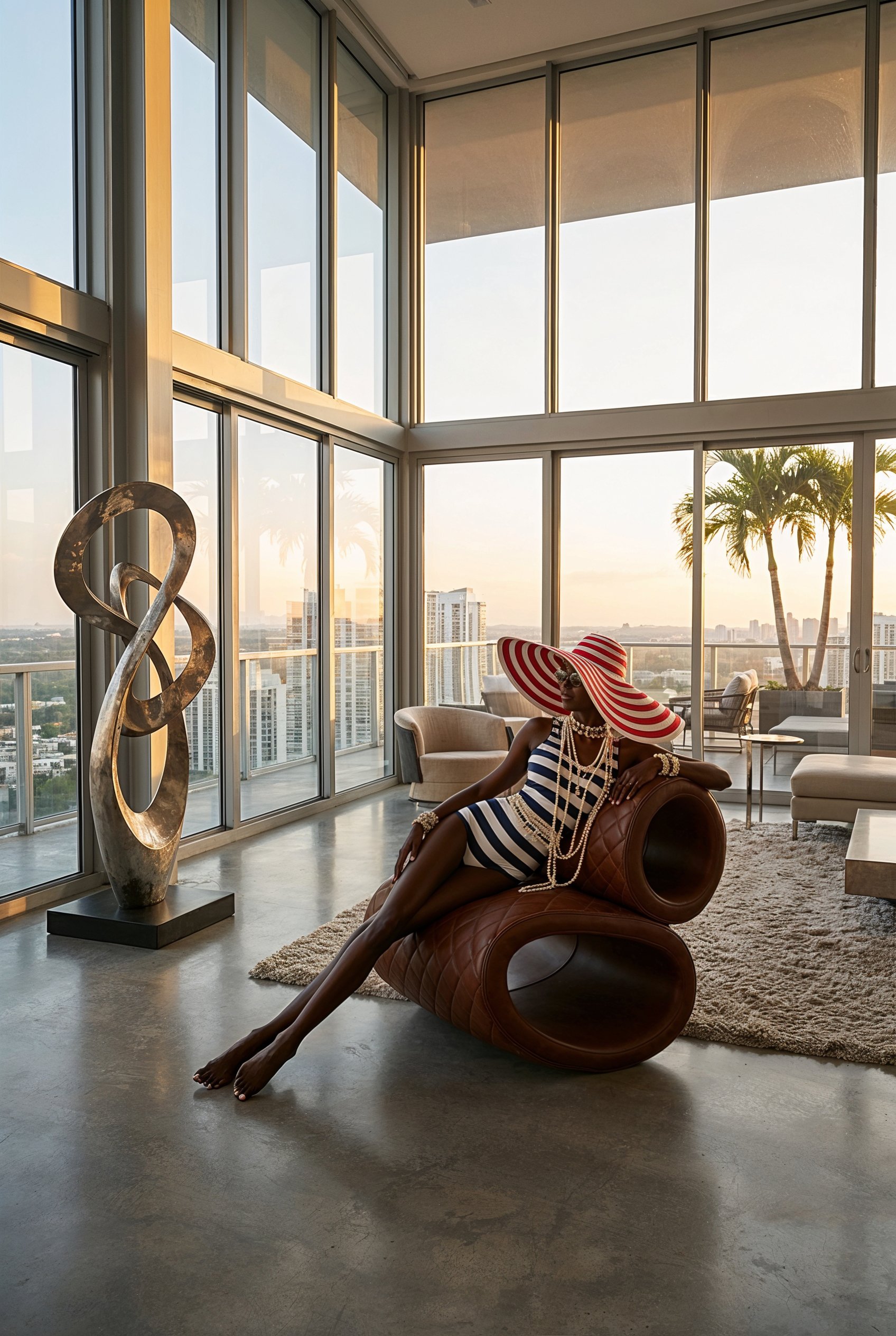 A woman in a striped dress and large straw hat with red and white stripes sitting on a modern brown leather sculpture in a high-rise apartment with large glass windows and a city view at sunset, decorated with abstract art and comfy seating.