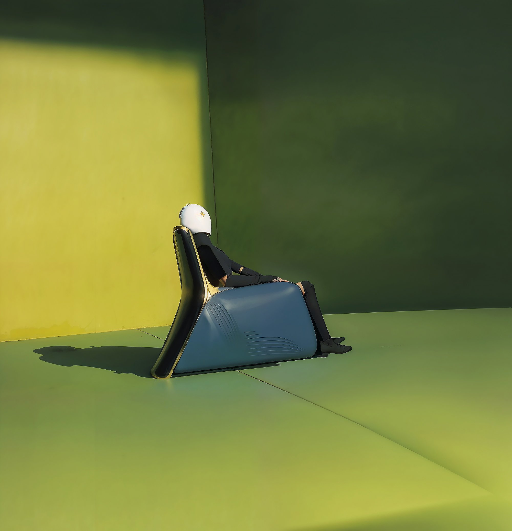 A person dressed in black, wearing a helmet, is sitting on a modern blue lounge chair against a yellow and green background. The overall scene has a minimalistic, futuristic design.