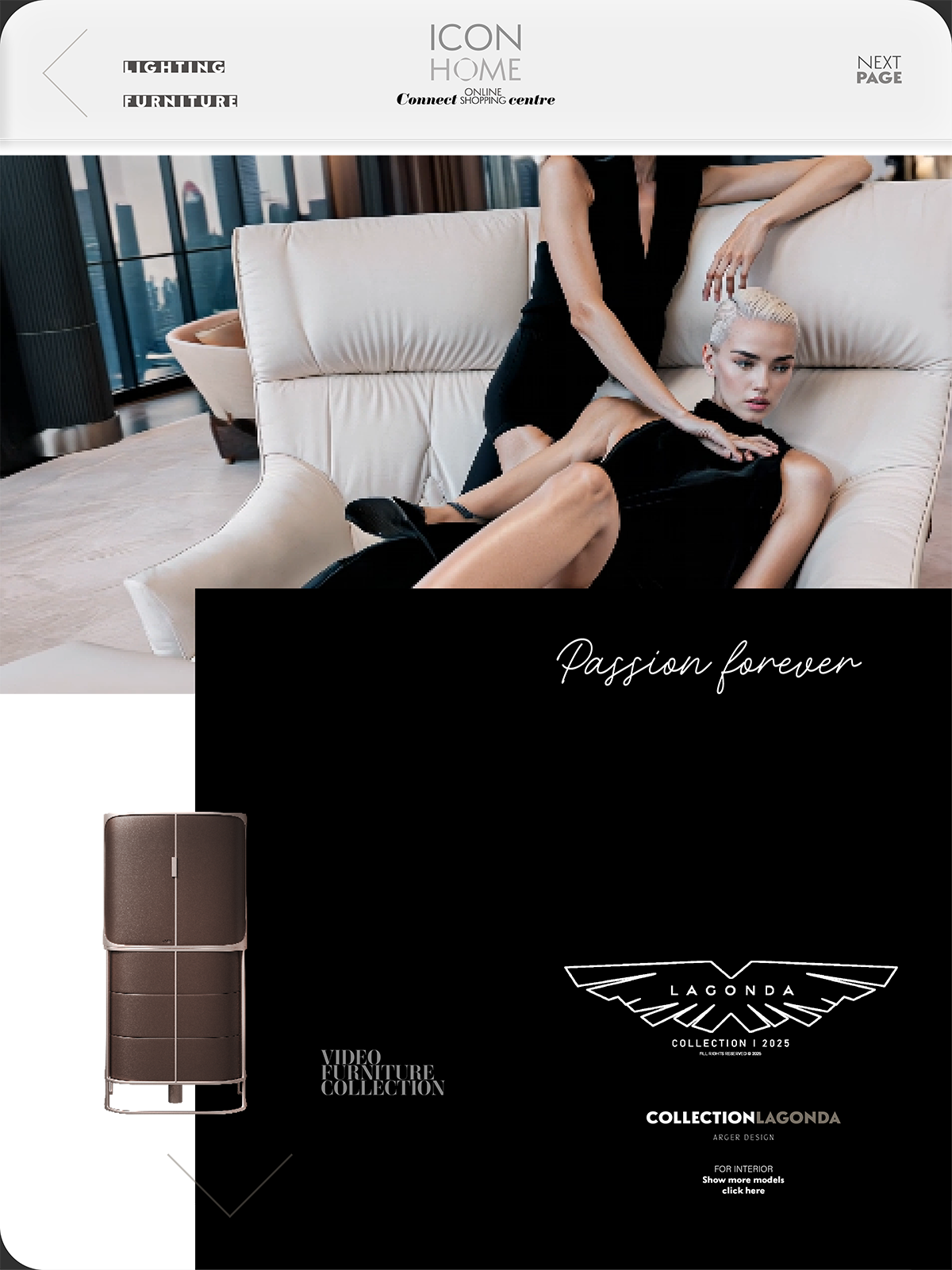 Fashion photoshoot featuring two women, one lying on a white sofa and the other standing behind, both dressed in black. The background shows a modern interior with large windows, and the image includes furniture and text promoting a furniture collect