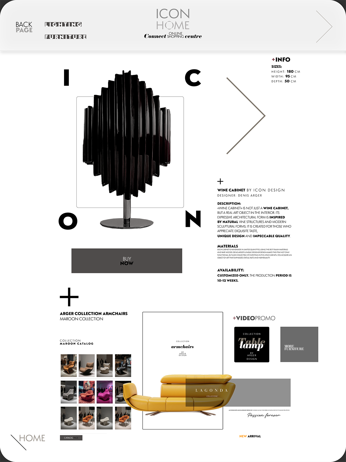 A digital webpage design featuring modern furniture, including a black decorative lamp and a yellow lounge chair, with text and navigation elements.