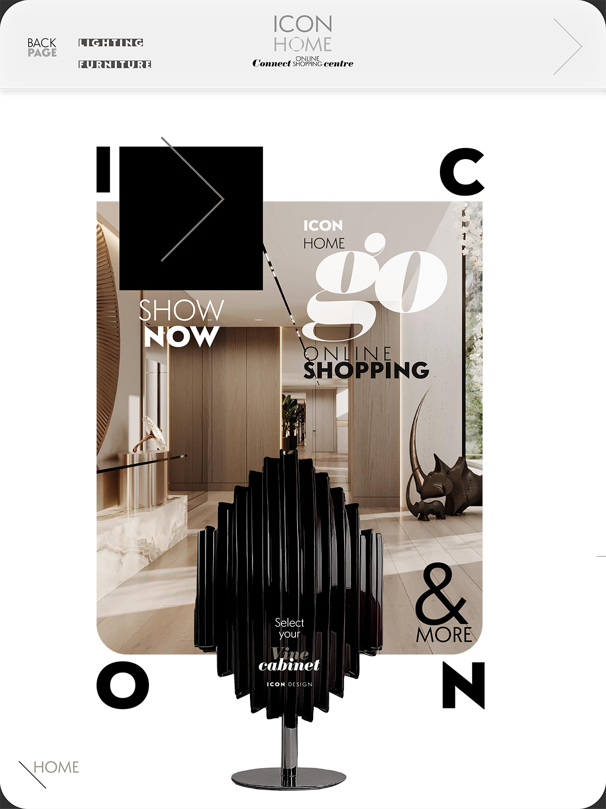 Interior of a modern home decor store with a black TV display stand featuring a black glass cabinet in the foreground, and decorative statues and light wood paneling in the background. Overlaid text promotes online shopping for furniture and home dec