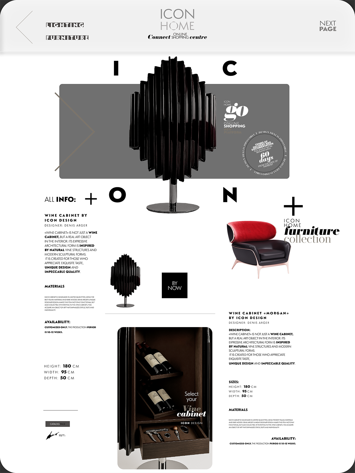 A digital advertisement for ICON HOME featuring modern furniture and decor, including a black layered floor lamp, a black and red armchair, and a wine cabinet with wine bottles and accessories.