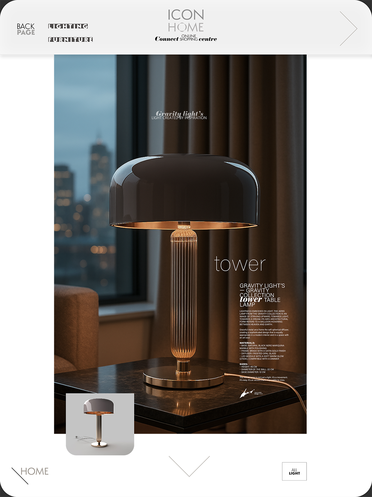 A modern table lamp with a rounded black top and a ribbed glass body illuminated on a dark wooden surface in front of a window with blurred city lights in the background.