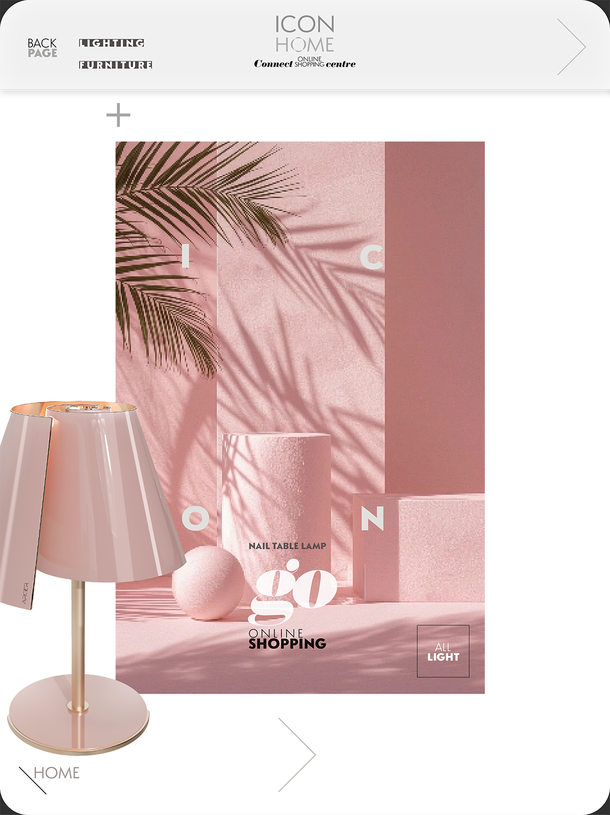 A pink desk lamp on the left with a pink lampshade, alongside decorative pink objects including a ball, a cylindrical container with the text "NAIL TABLE LAMP," and pink boxes. The background has soft pink tones with shadows of palm leaves, and text 