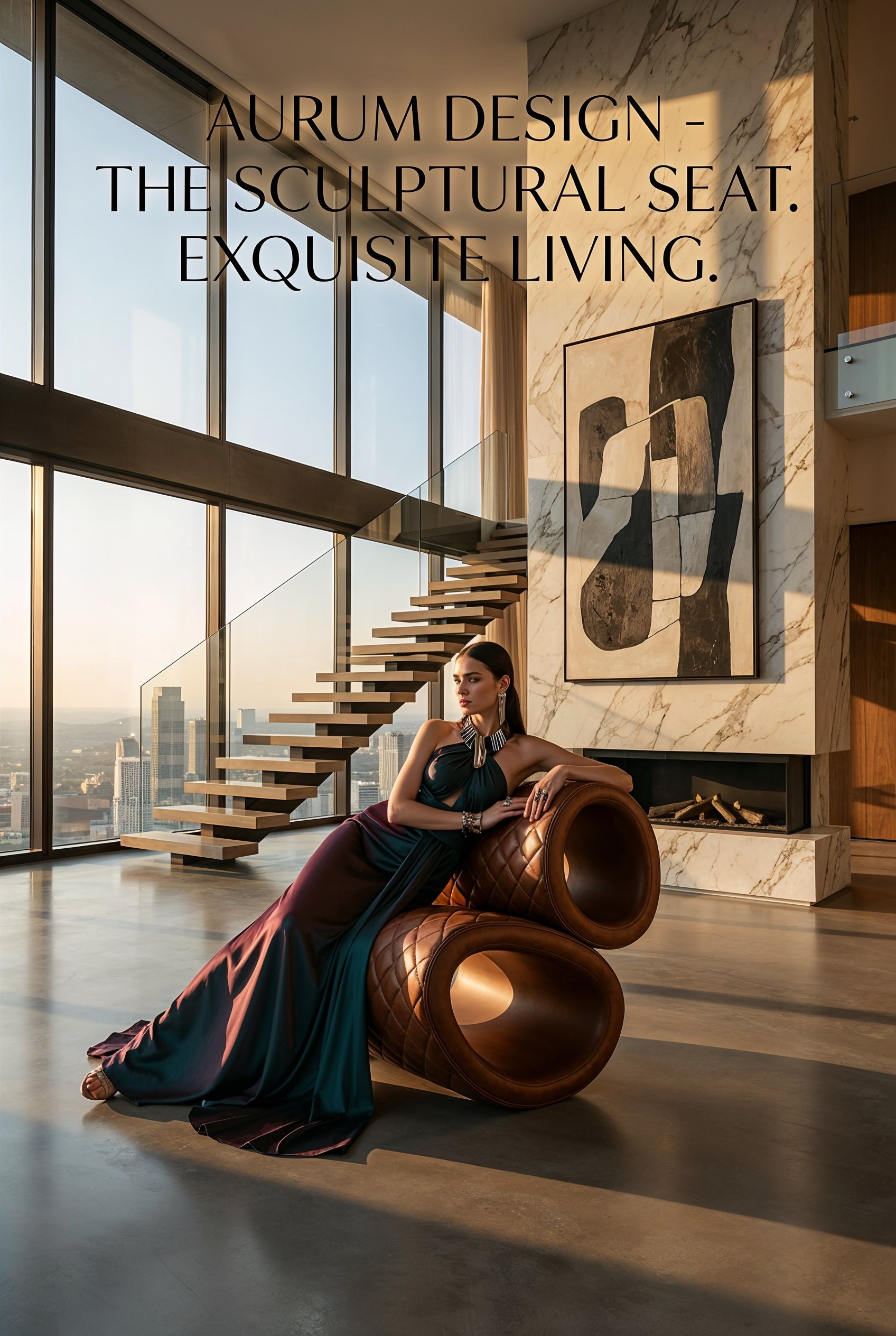 Interior of a modern high-rise apartment with floor-to-ceiling windows showcasing a city skyline at sunset. A woman in an elegant dark gown lounges on a sculptural leather chair next to a contemporary marble fireplace and abstract artwork.
