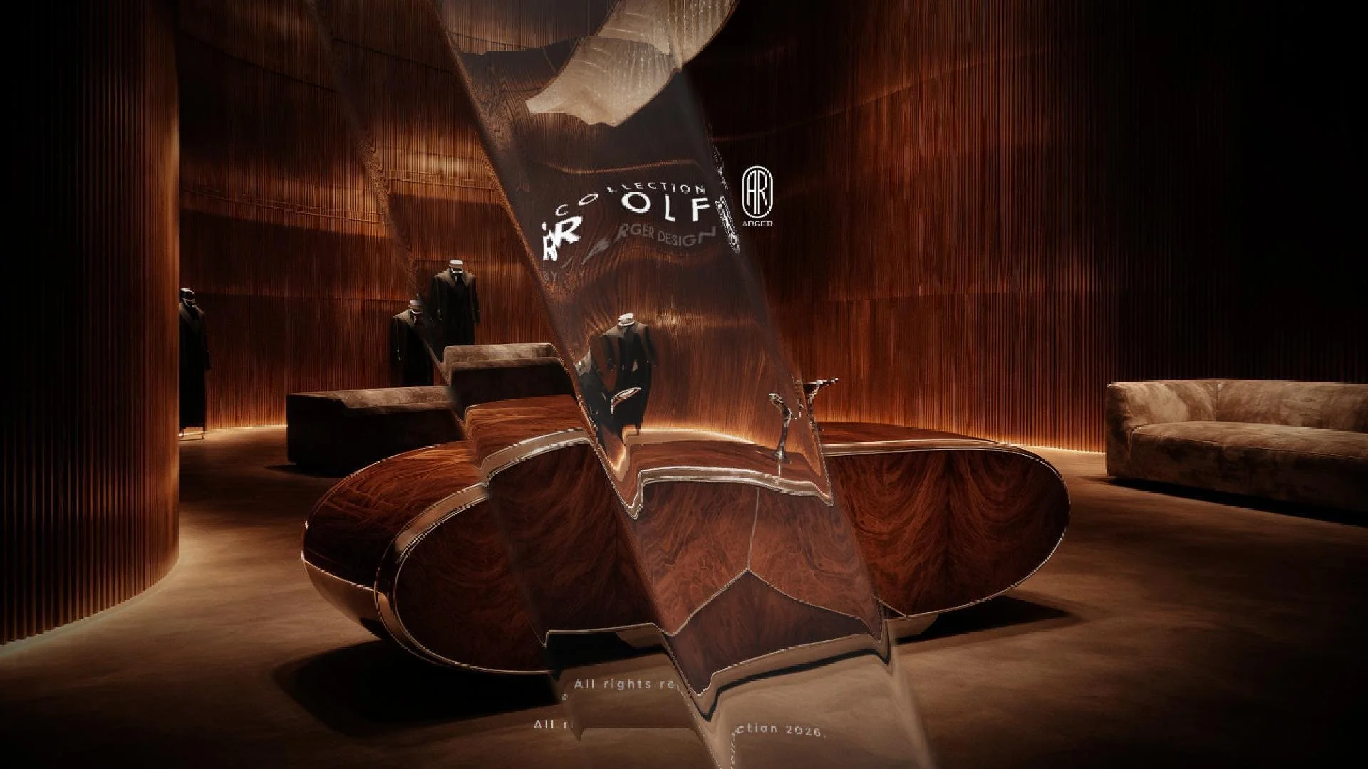 A wooden-formed sculpture with a reflective, mirrored surface, situated in a dimly lit modern room with wooden paneled walls and mannequins dressed in suits.
