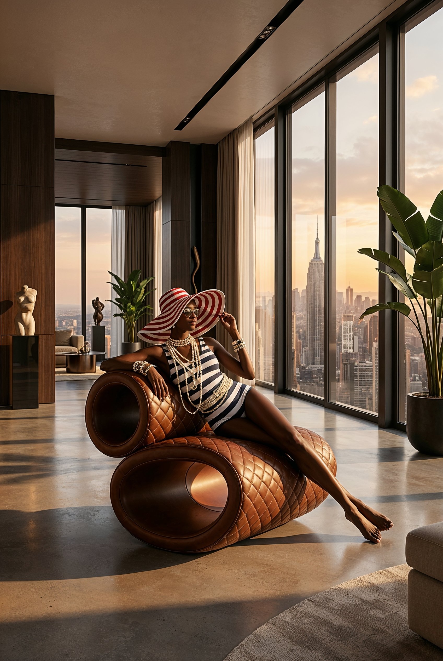 A woman dressed in black and white striped clothing, wearing large sunhat with red and white stripes, and multiple pearl necklaces and bracelets, is lounging on a luxurious brown leather modern chair in a high-rise apartment with floor-to-ceiling win