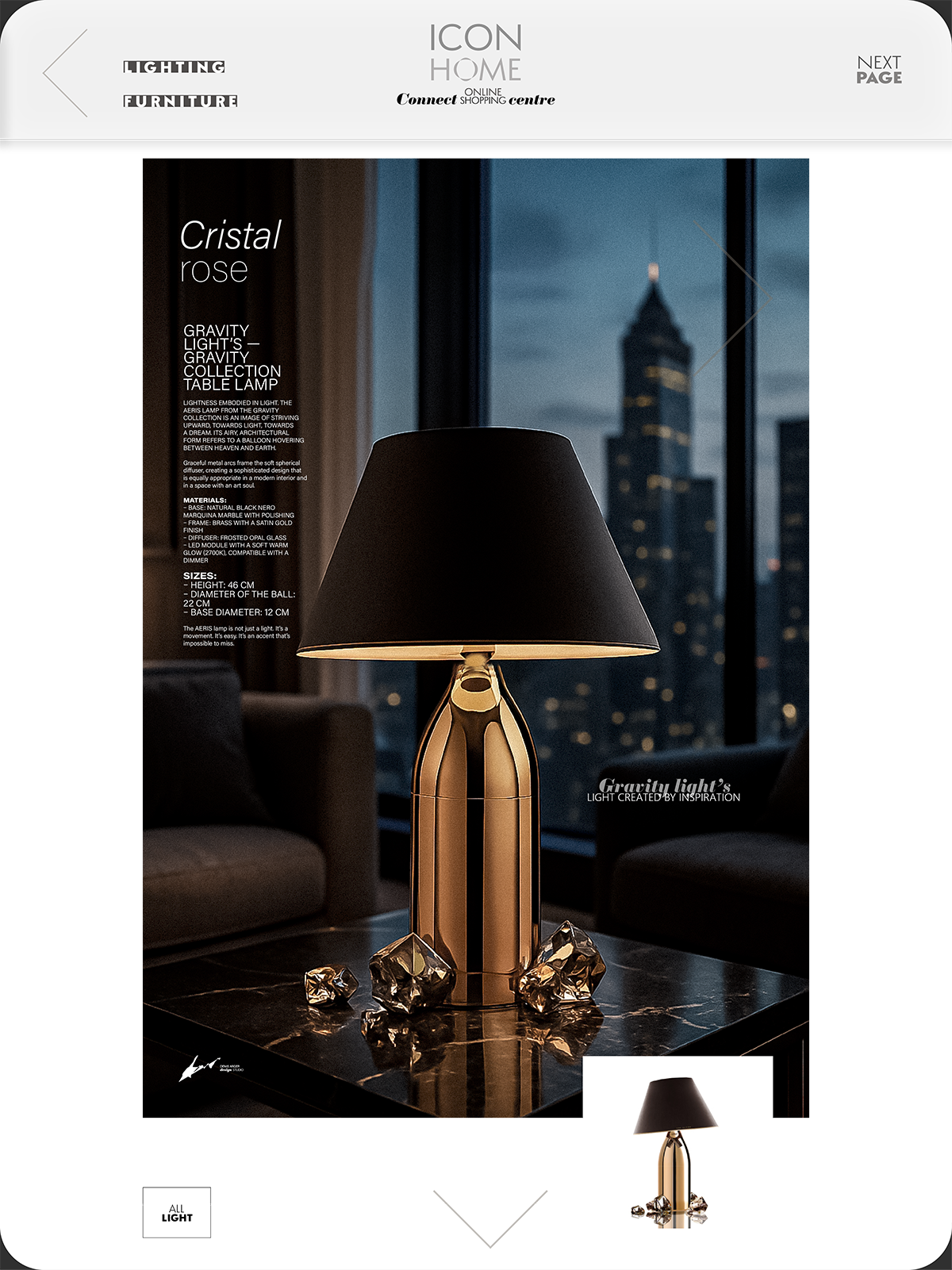 A modern table lamp with a gold metallic base and a black shade sits on a black marble table, with decorative gemstones around it, in a room with a city view through large windows at night.