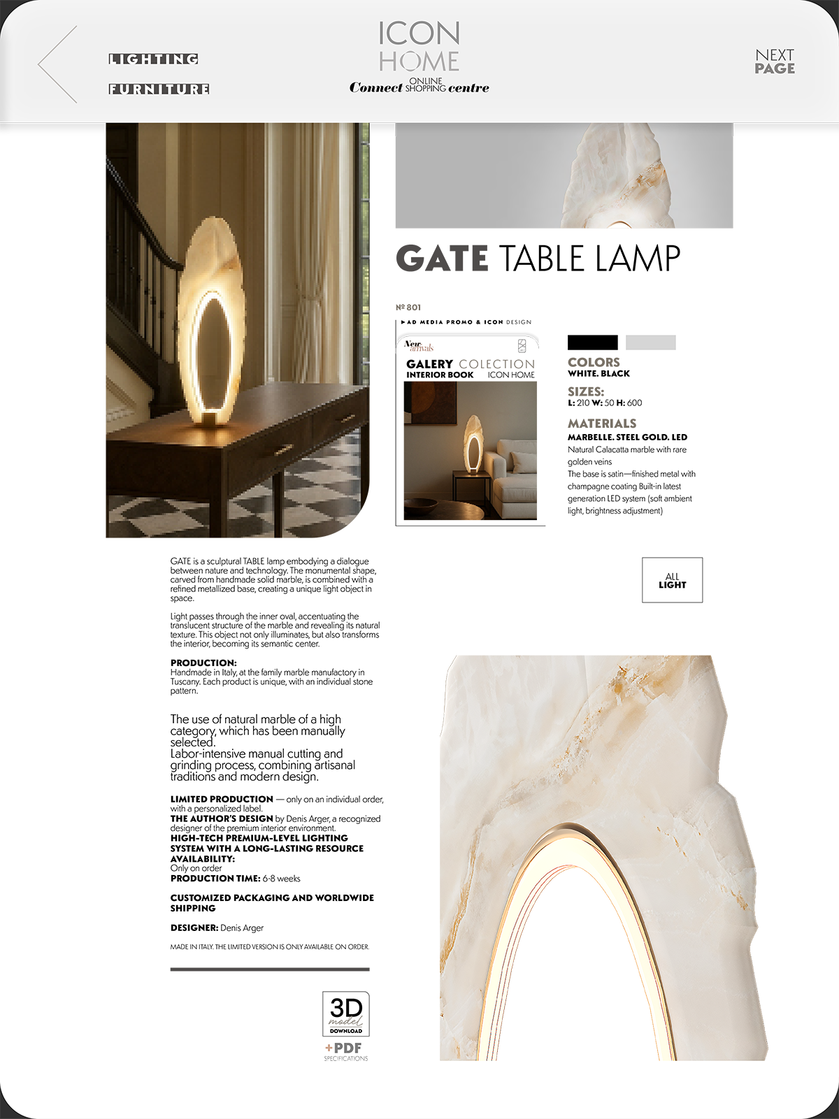 Modern decorative lamp with a warm glow, oval shape, in a dark wood entryway table with checkered black-and-white flooring and beige curtains in the background.